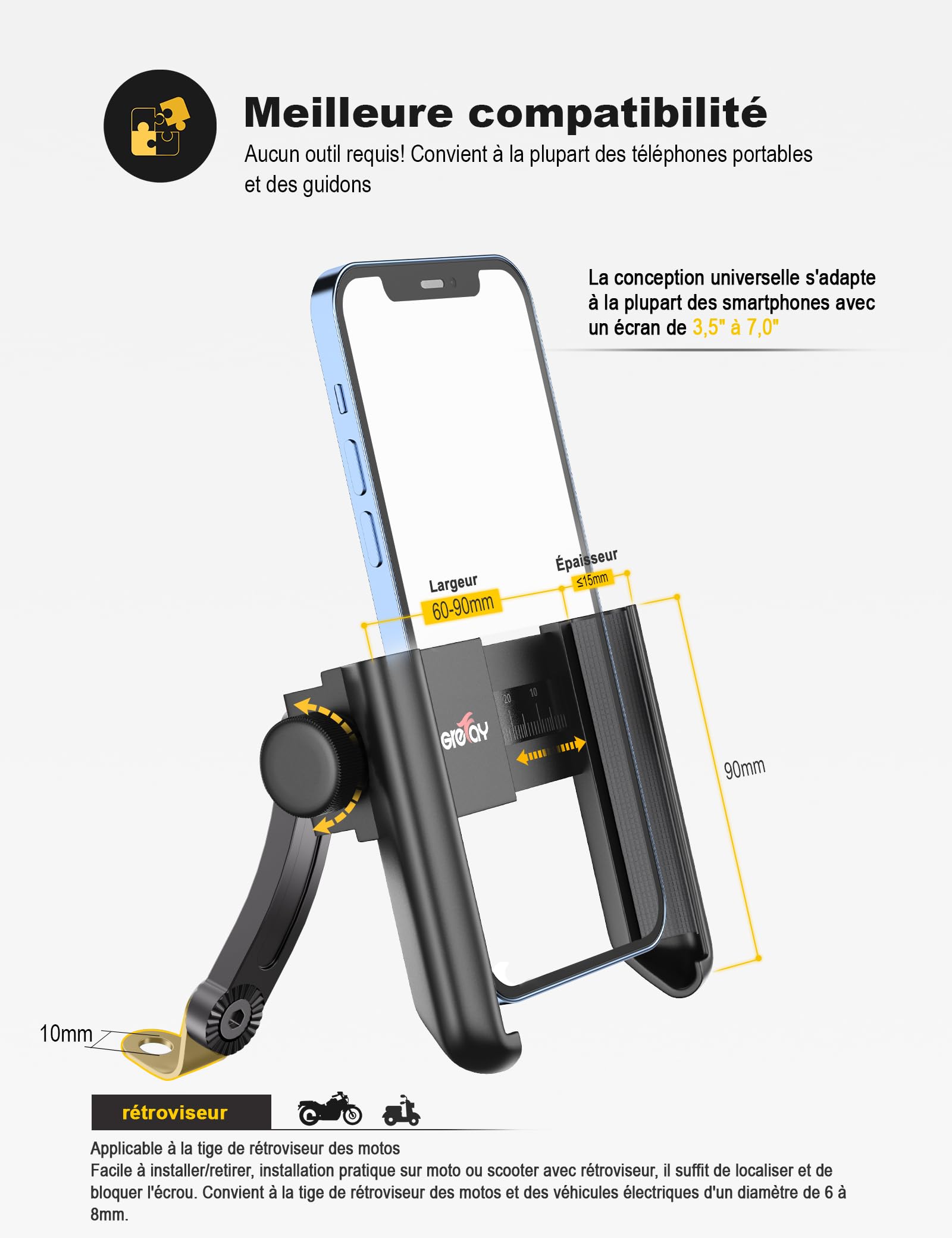 Grefay Support Téléphone de Moto Support Téléphone Scooter Rotatif à 360° Libération Rapide Support Moto Telephone pour 3,5 à 7,0 Pouces Smartphones Appareils