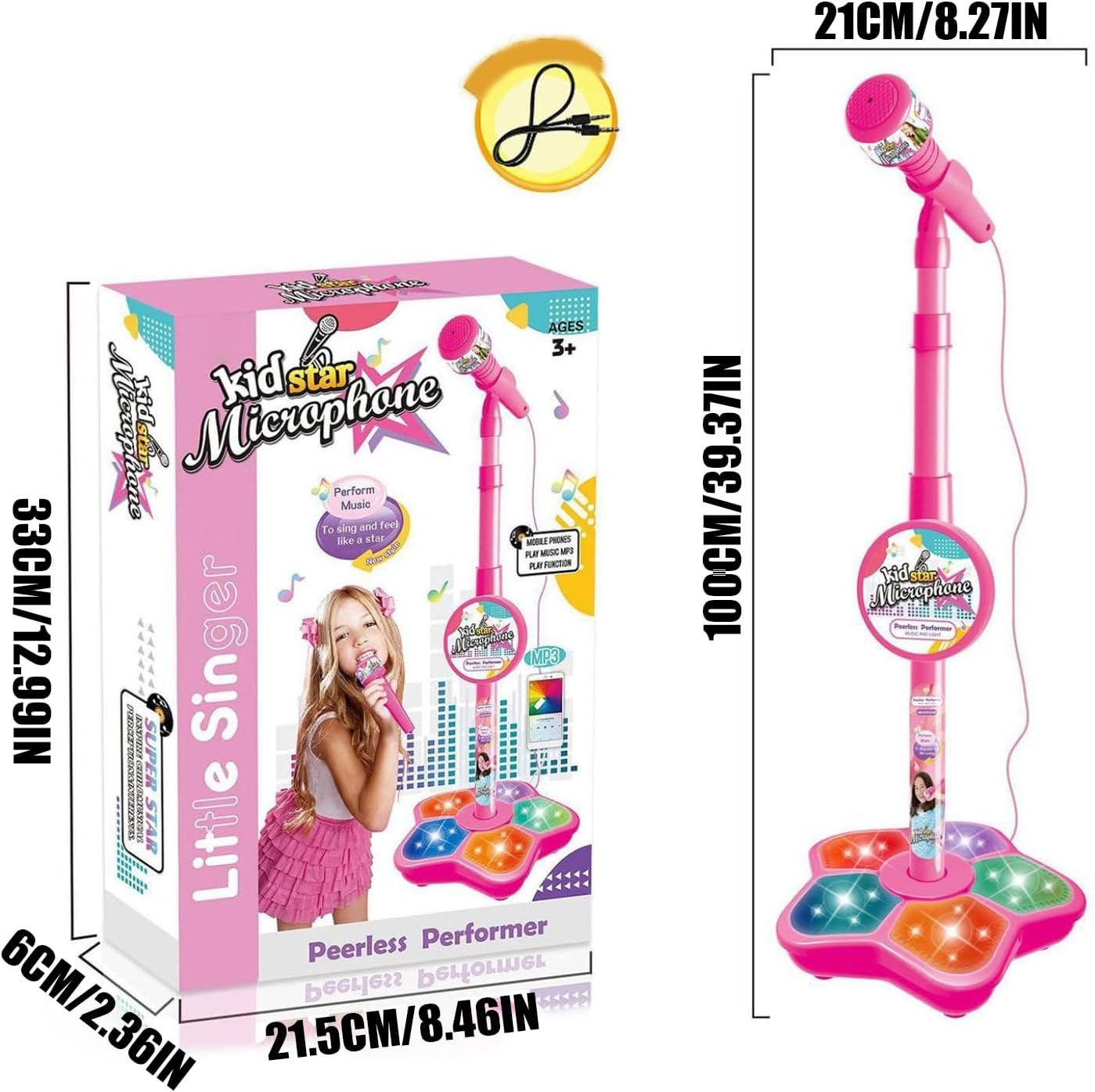 Microphone Toy, LED Stage Lights Speaker, 100x21cm, Kids Microphone Stand, Portable Singing, Recording Studio Accessory, for Christmas Birthday Party Teen Streaming Podcast