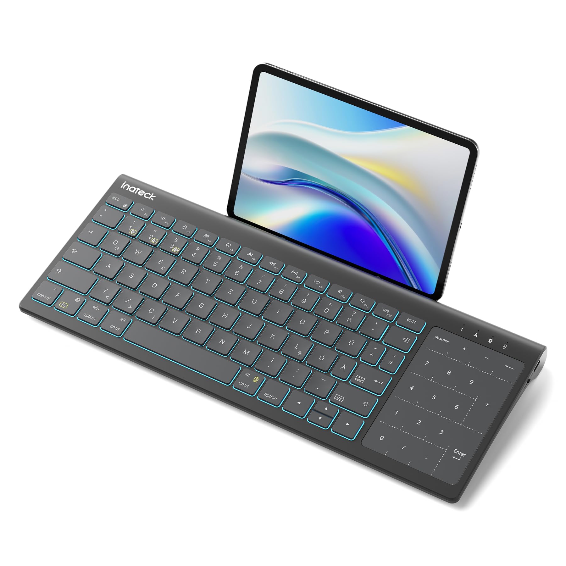Inateck Tablet Tastatur, 2-IN-1 Ziffernblock&TouchpadVersteckter Ständer, 3 BT-Kanäle, 7-Farben Hintergrundbeleuchtung,Kompatibel mit iPadOS/Samsung/Android/Windows | Kompatibel mit iPadOS/Samsung/Android/Windows, versteckter Ständer, 3 Bluetooth-Kanäle, 7 FarbigerBeleuchtung