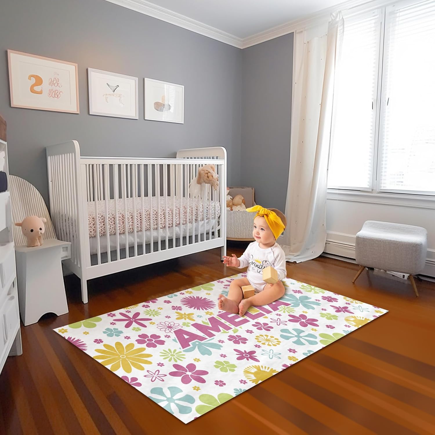 Custom Baby Rug Playing Mat Crawling Rug Personalized Bedroom Decoration Floor Area Rugs Nursery Mats for Baby Girl Boy Unisex Toddlers Color Flower(40"x60")