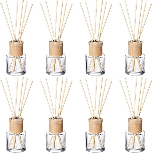 Roshtia Juego de 8 botellas difusoras de varillas vacías recargables con fragancias de vidrio con tapas de madera, palitos de ratán, tarros redondos