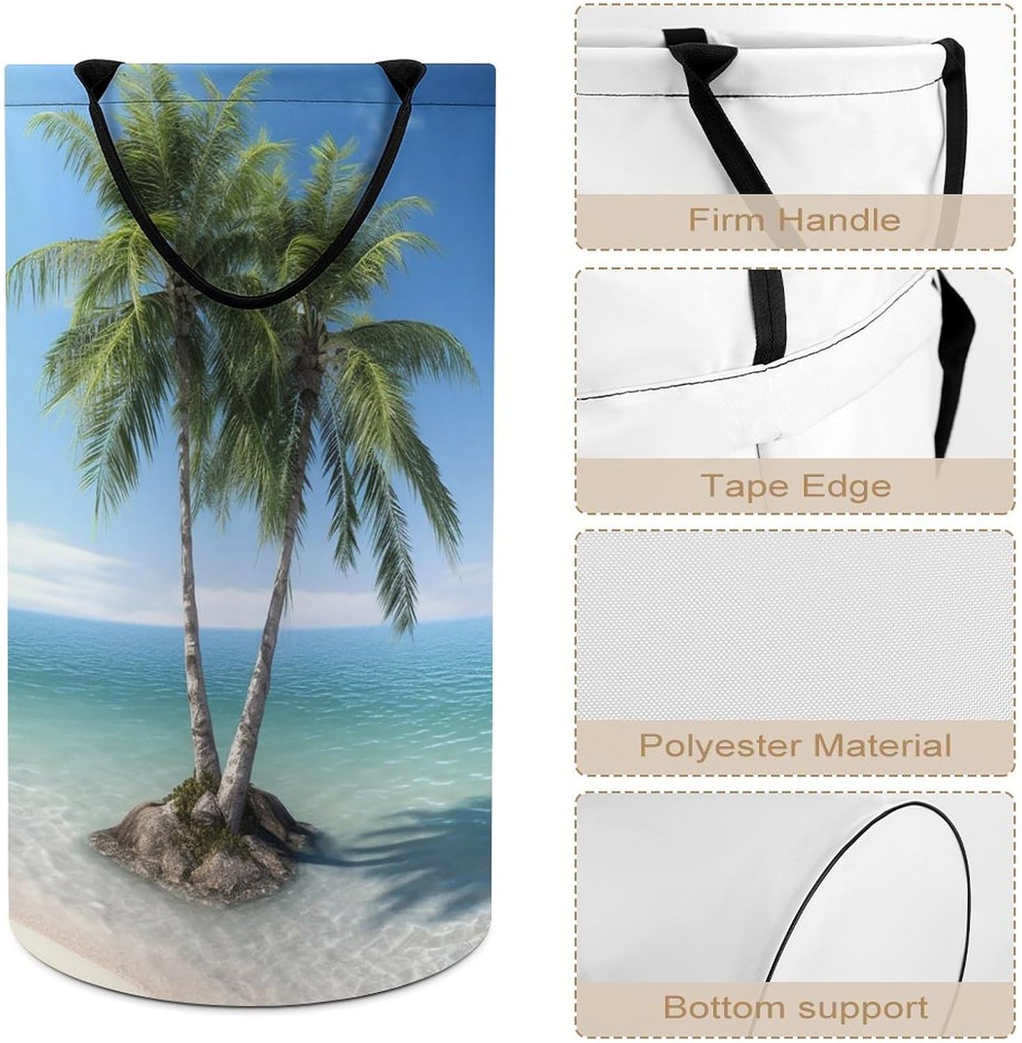 Sea Palm Trees Laundry Basket Freestanding Laundry Hamper with Handles Waterproof Dirty Clothes Hamper Collapsible Washing Bin Aesthetic Clothes Basket for Bathroom Bedroom Dorm