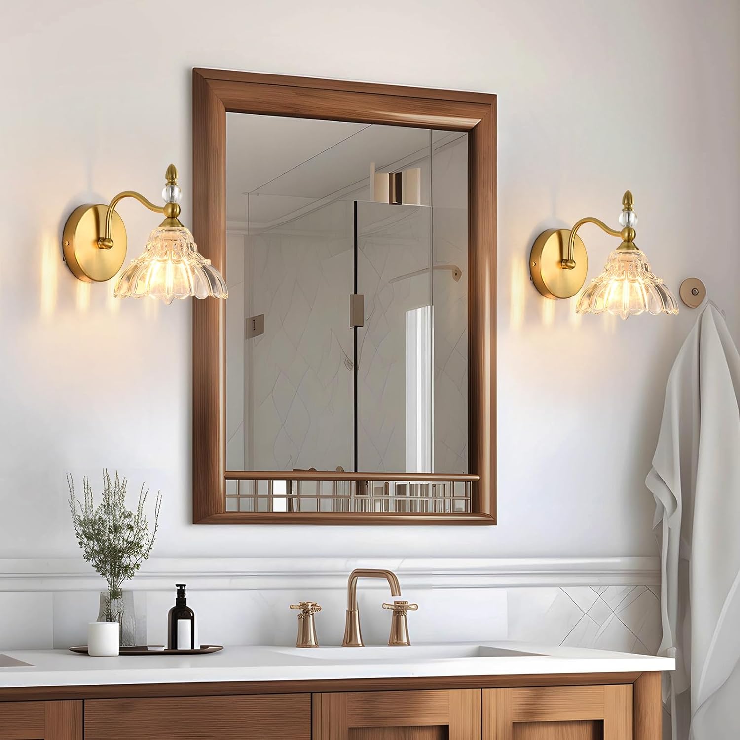 Vintage Wall Sconce Set of 2, Matte Brass Finish Bathroom Wall Sconce, Modern Wall Mount Lamp Light, Indoor Hardwired Vanity Wall Lighting for Bedroom Living Room Hallway