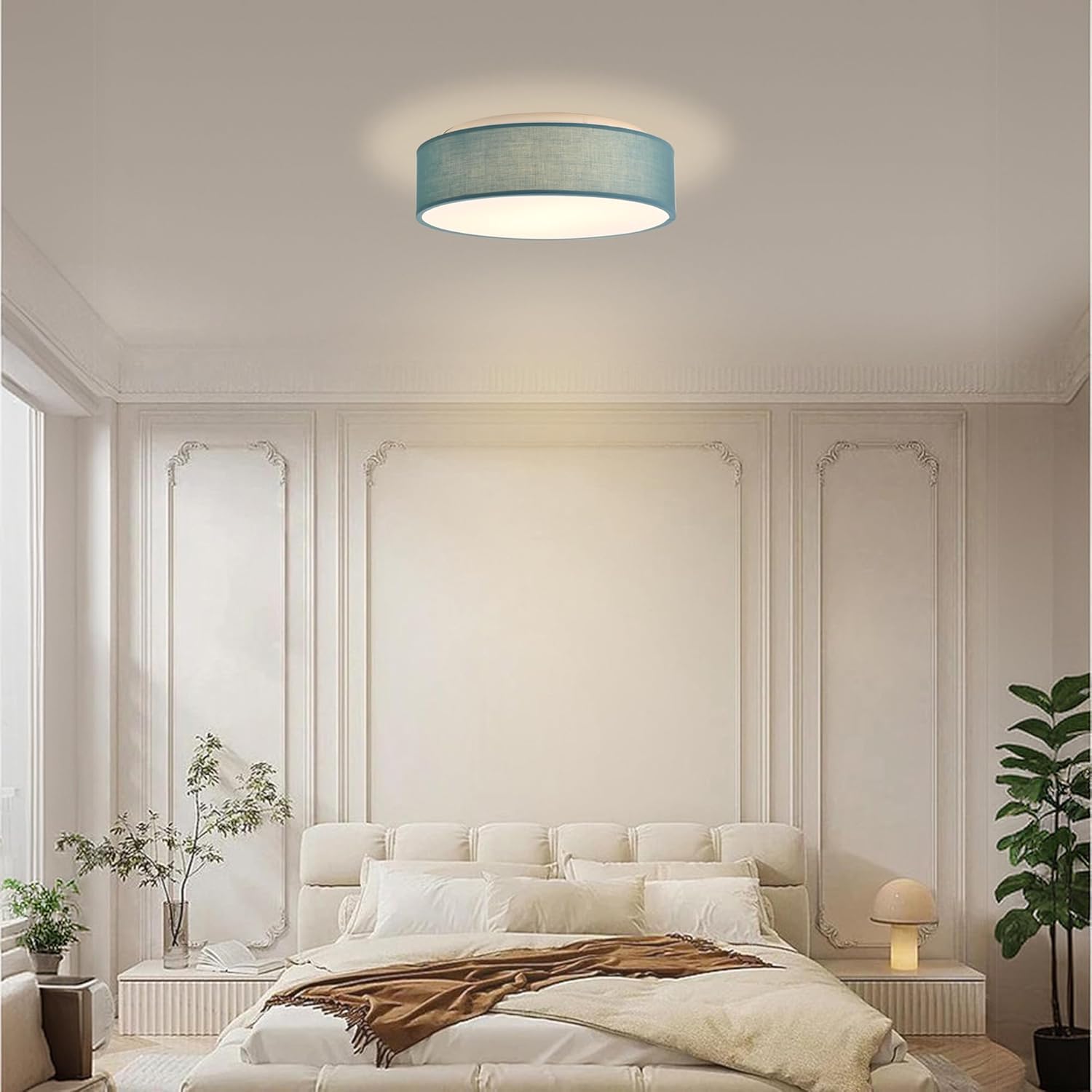 Plafón de Techo Redondo de Tela 38 cm, Pantalla Textil con 2 Casquillo E27 (40W máx.) Lámpara de Techo para Salón, Dormitorio, Pasillo o Habitación Infantil,Sin bombilla (Azul ceniza, 38)