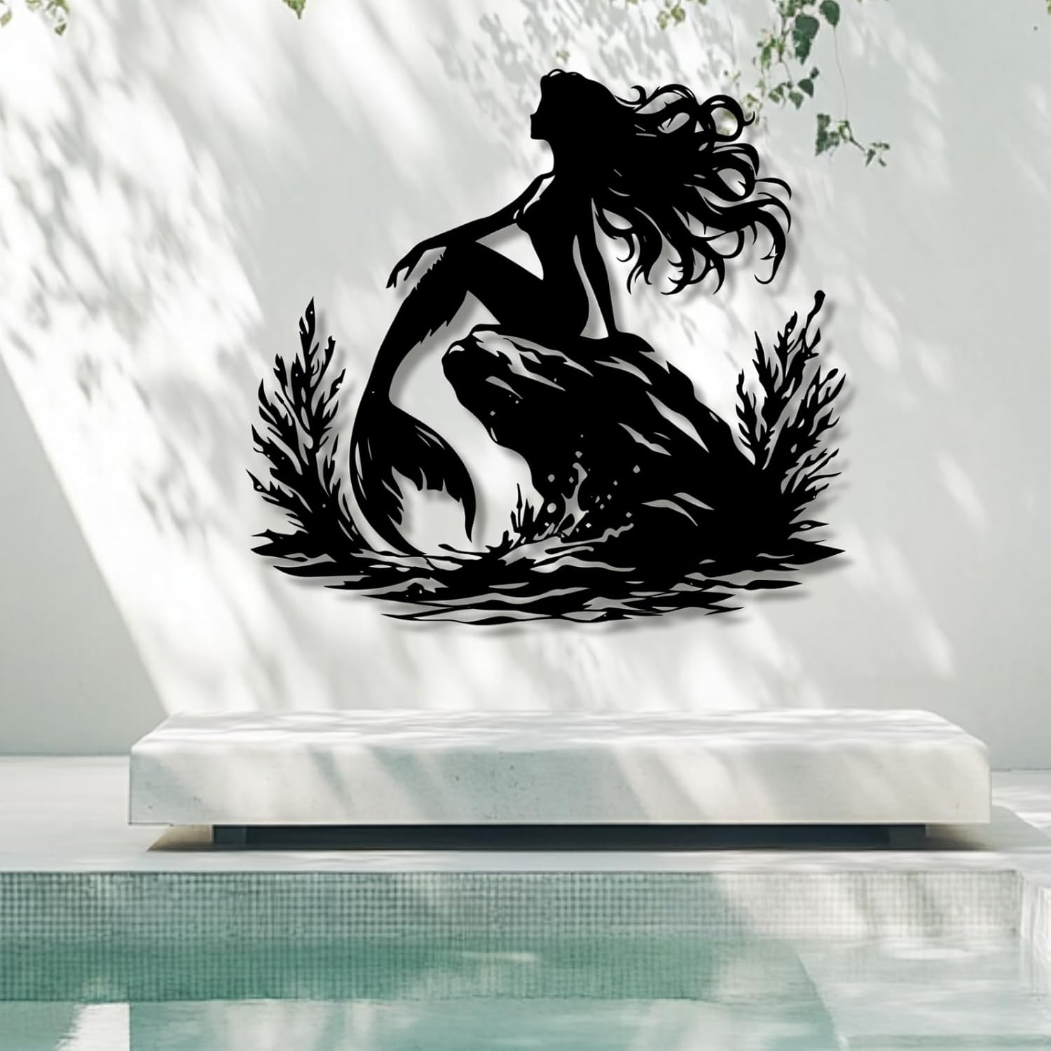 lunwall Metal Mermaid Wall Decor,Metal Mermaid Wall Art,Mermaid Large Wall Decor,Ocean Metal Wall Decor,Ocean Theme Nautical Decor,Metal Wall Art (Style 2, black, 28" W x 25" H / 70 x 64 cm)