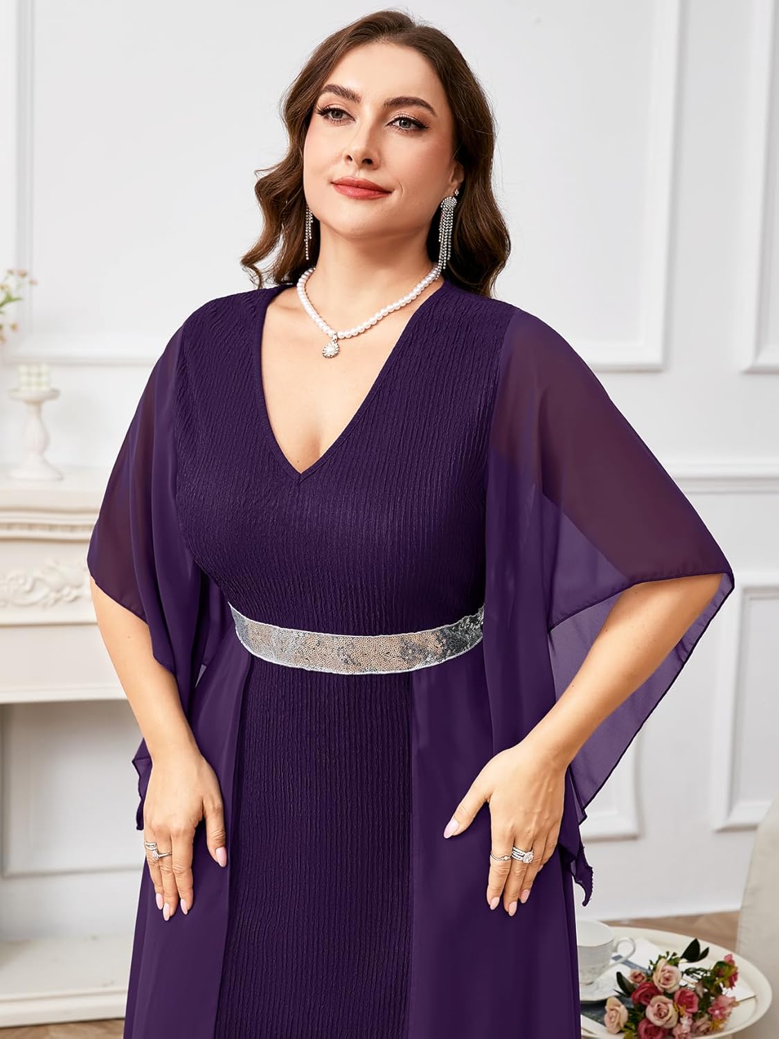 ZOMVA Plus Size Formal Dress V Neck Chiffon Handkerchief Sleeve Mother of Bride Dresses Wedding Guest Party Evening Gown - Image 2