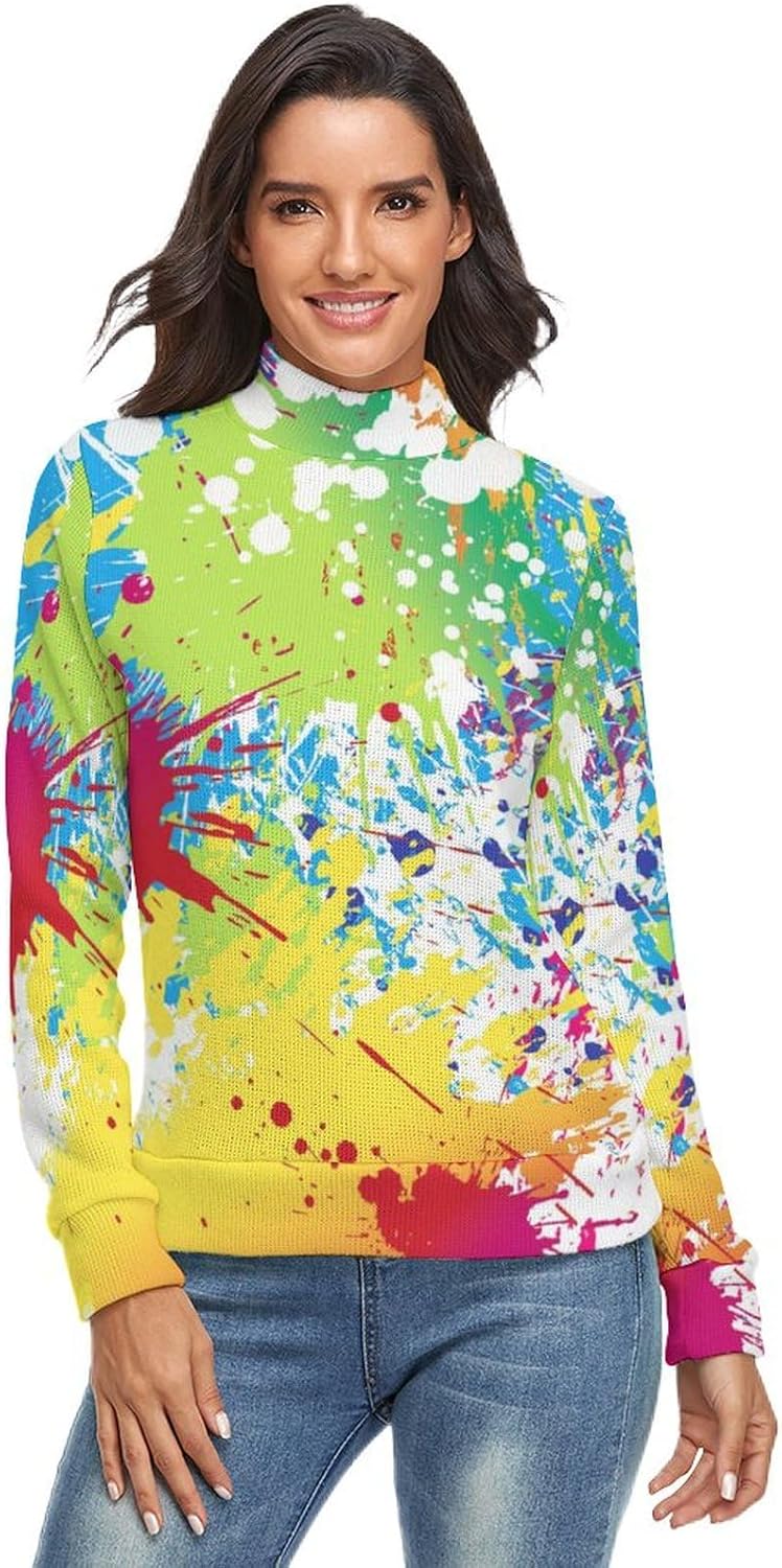 Color Splash-Ink Sweater Woman Long Sleeve Turtleneck Sweater Slim Tops Shirts Thermal Underwear Tops Casual Clothes