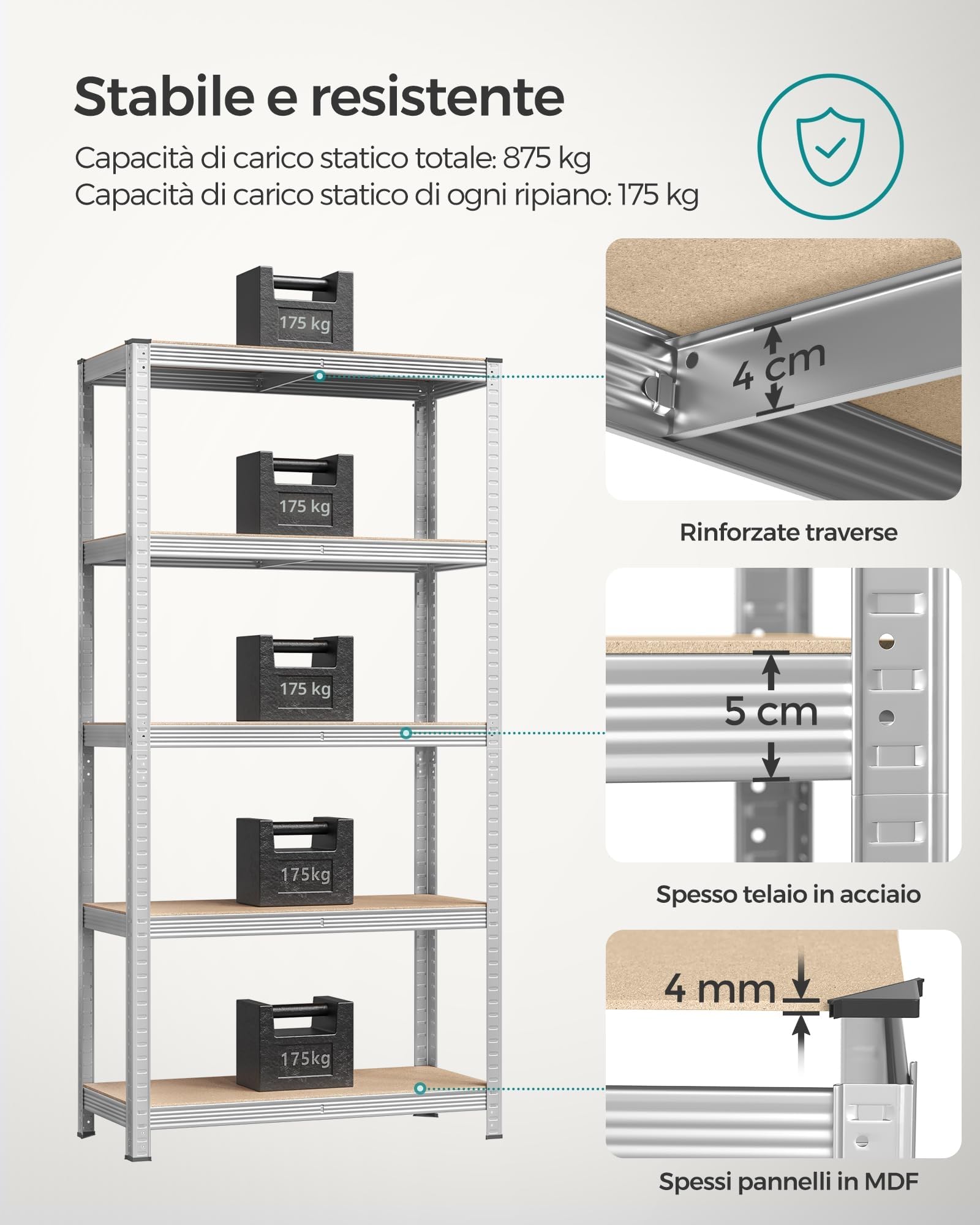 SONGMICS Set di 2 Scaffali in Metallo, Scaffalature a 5 Ripiani Regolabili, Senza Viti, Scaffale Salvaspazio per Garage, Magazzino, Portante 875 kg, 40 x 90 x 180 cm, Argento GLR040E02