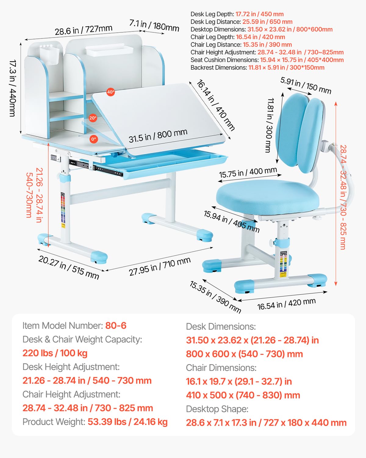 VEVOR Juego de Mesa y Silla de Estudio para Niños Capacidad de Carga de 100 kg, Ajuste de Altura del Escritorio de 54-73 cm, Mesa Inclinable 0-40° con estantería para Dormitorio, Estudio, Azul
