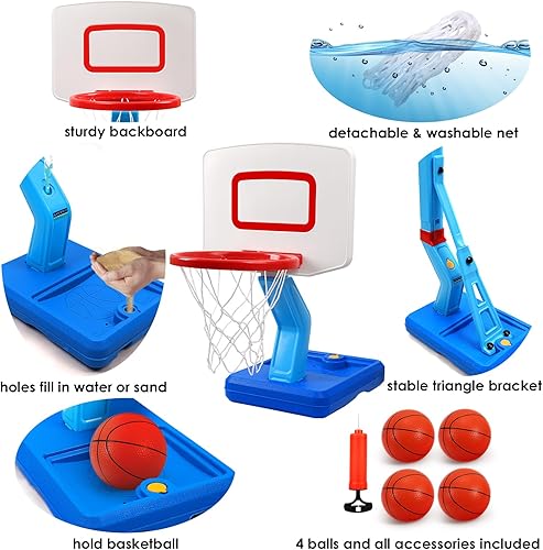 Miniatura 3 de Aro de baloncesto para niños pequeños para interiores y exteriores, mini portería de baloncesto junto a la piscina con 4 bolas de altura ajustable,