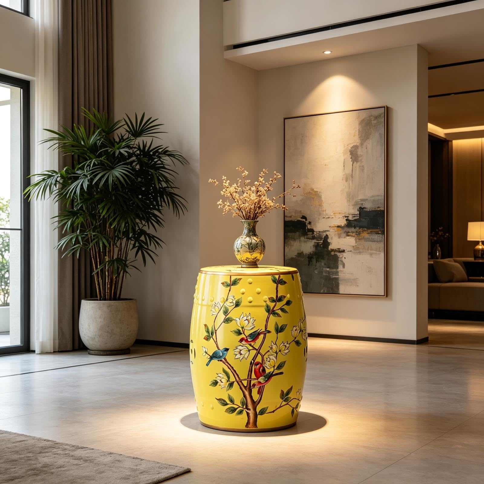 Chinoiserie Ceramiczny Stołek Do Perkusji, Dekoracyjny Stołek Ogrodowy, 18-calowy Stolik Boczny Stojak Na Sadzarkę Do Ogrodu Patio Trawnik Dom Wewnątrz Na Zewnątrz(Yellow)