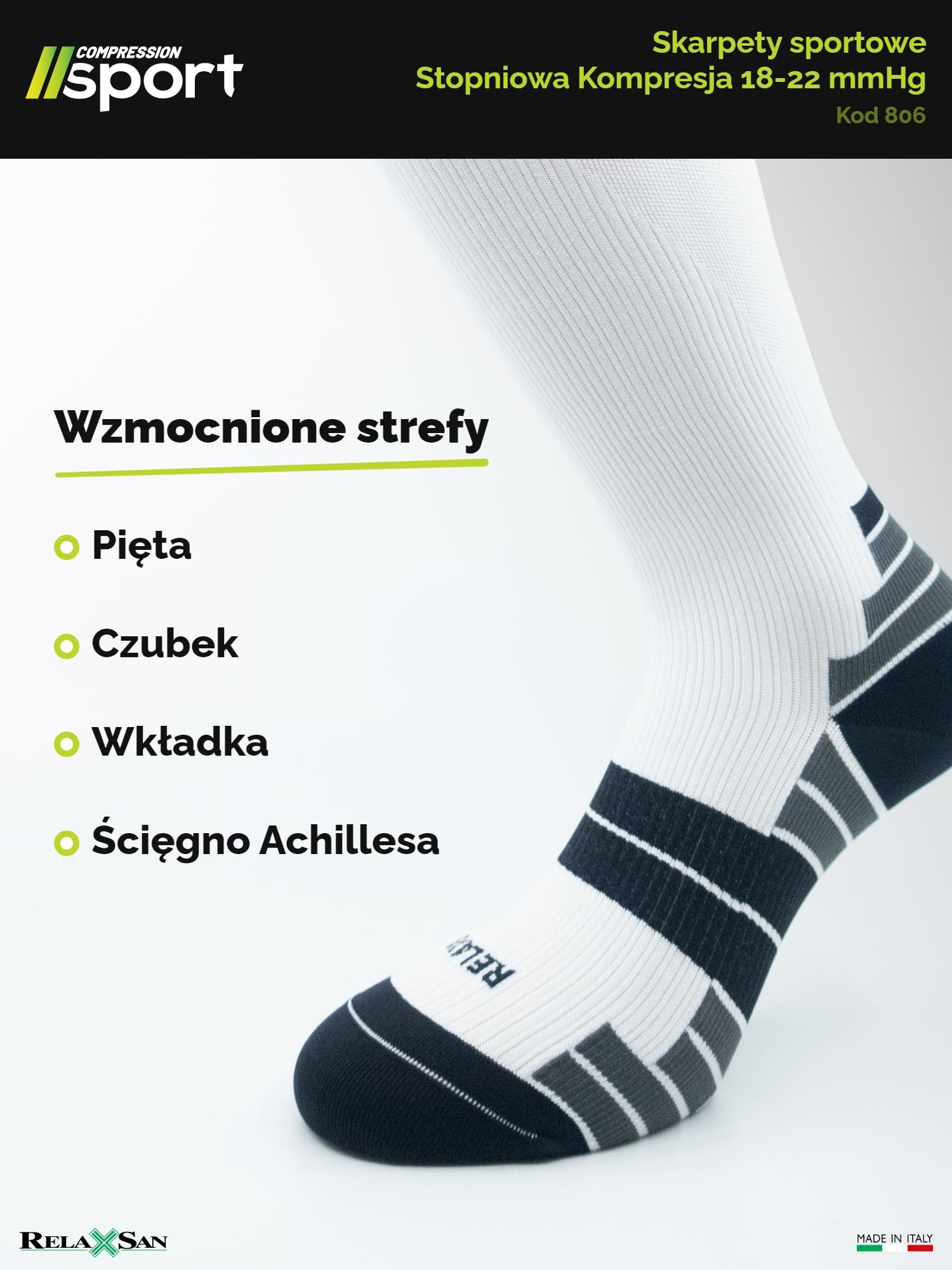 Relaxsan Skarpety Kompresyjne Sportowe dla Mężczyzn i Kobiet, 18-22 mmHg, Oddychające, Made in Italy, 806