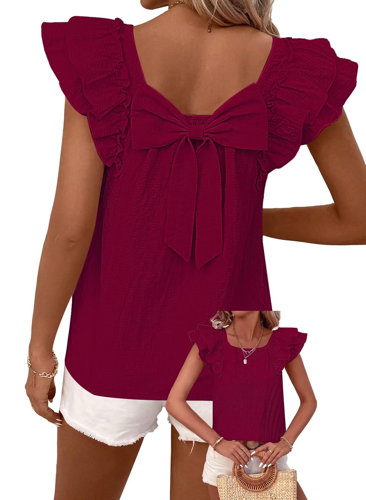 Falechay Womens Bow Tie Back Tops Babydoll Vneck Ruffle Short Sleeve Shirts