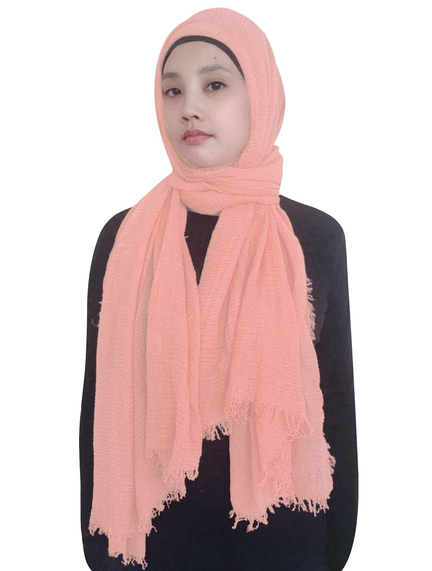 Lina & Lily Plain Colour Crepe Crinkled Scarf Hijab with Frayed Edges (Peach)