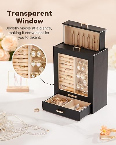 Miniatura 4 de Homde Organizador de joyas para niñas y mujeres, joyero para collares, anillos, aretes, regalo y pulseras (negro + dorado)