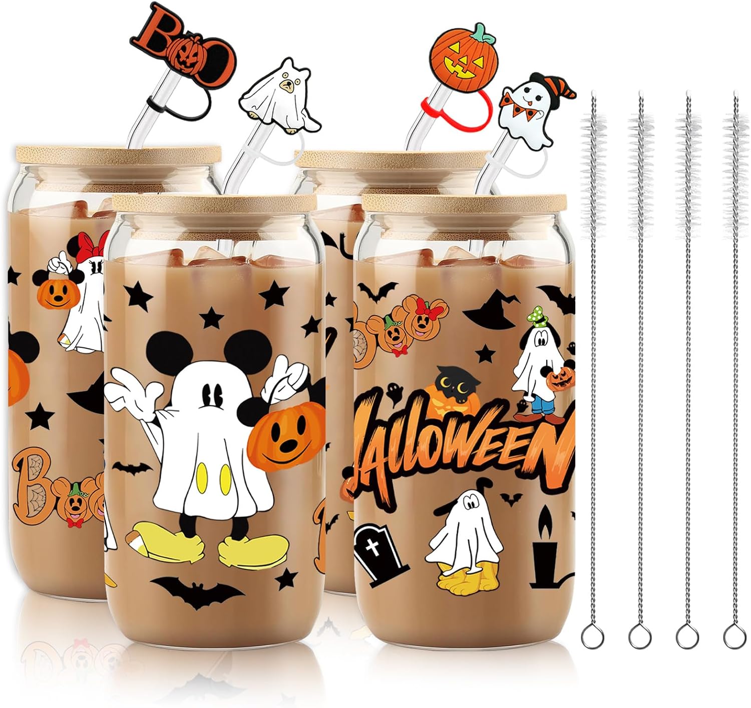 4Pcs 16oz Halloween Ghost Glass Cups with Lids and Straws, Cute Mouse and Pumpkin Pattern Design, Iced Coffee Tumblers,Halloween Box for Adults & Teens Gifts, Include 1 Silicone Straw Covers