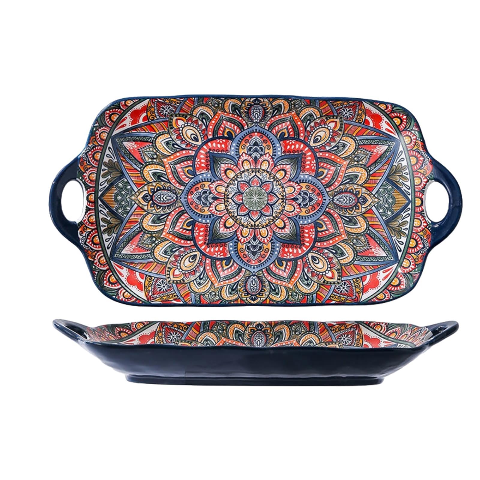 Ręcznie robione naczynia ceramiczne = domowa ręcznie malowana niebieska zastawa stołowa z wzorami retro - 30 cm dwuuszny prostokątny talerz