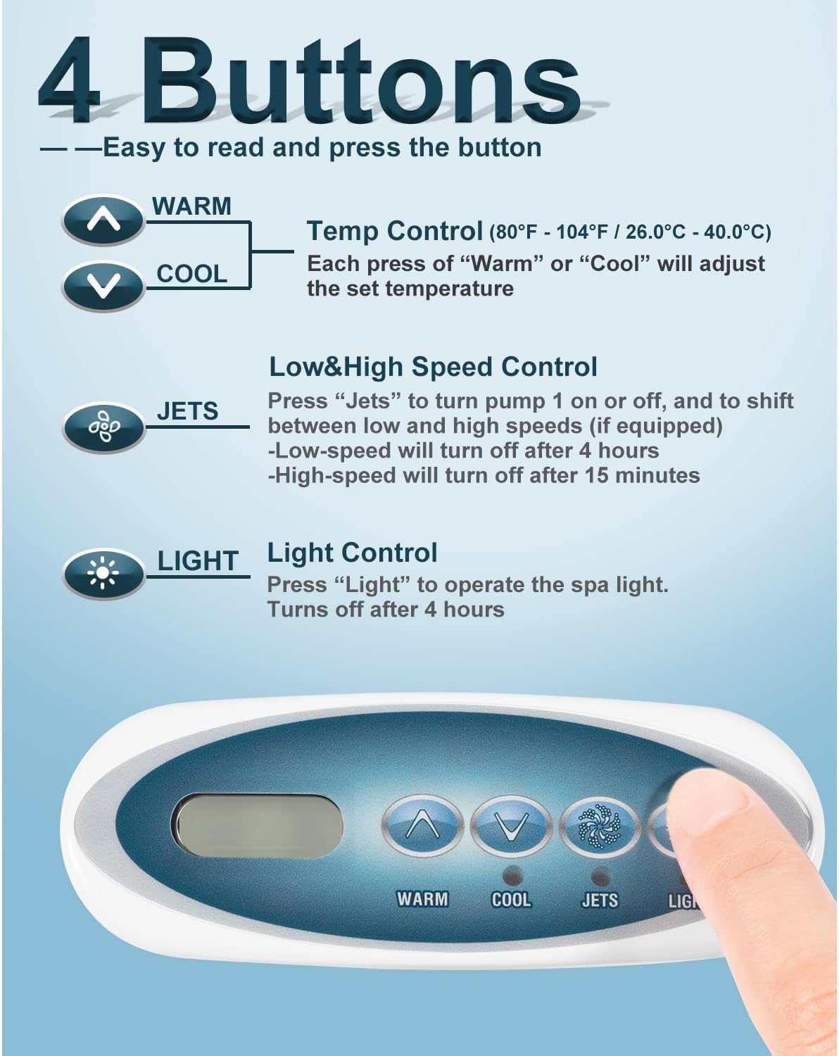 53238 Panel de control de repuesto con pantalla LED – Panel de control Whirlpool de 4 botones para sistemas Balboa VL200 Heat Jacket