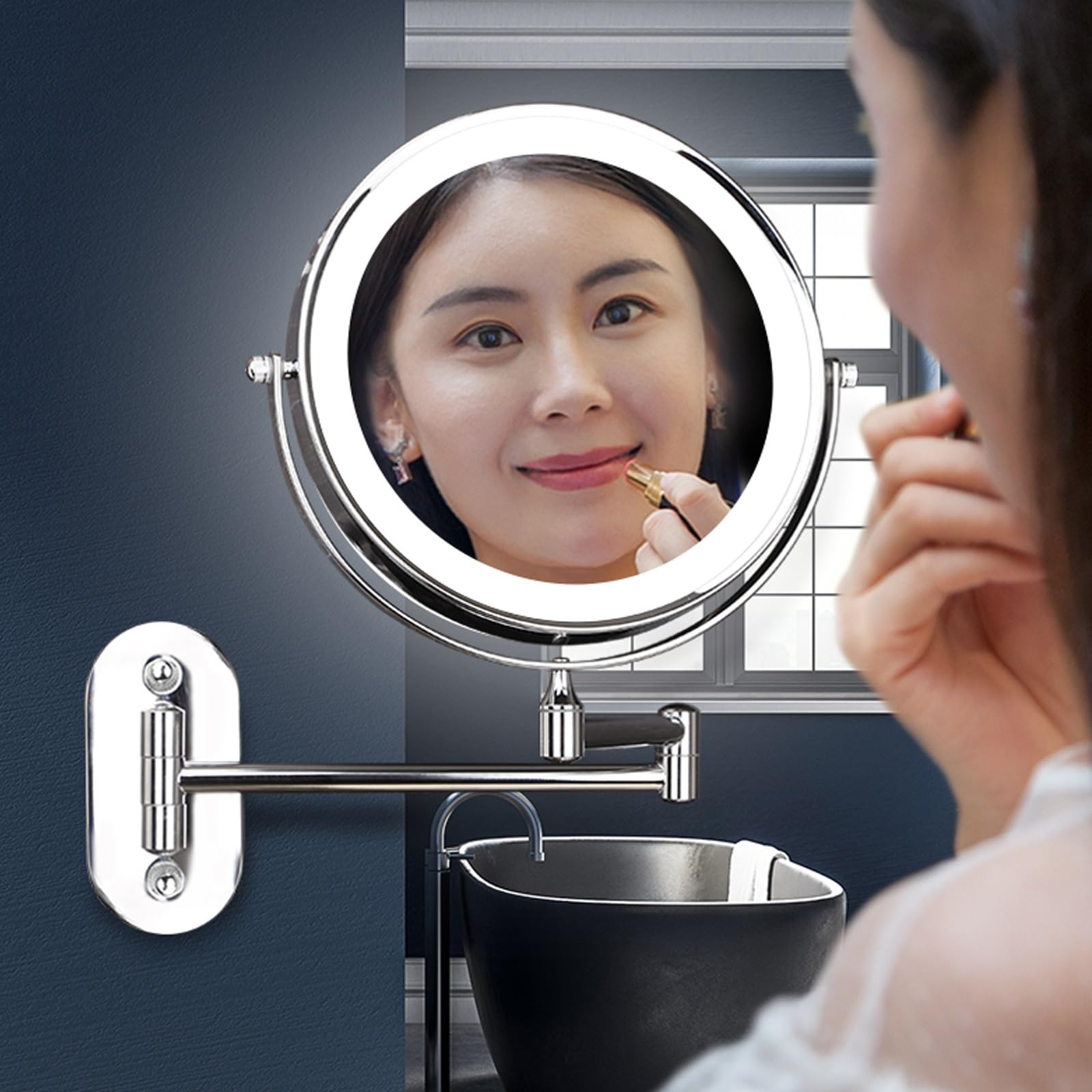 HJXGQJM Specchio Trucco Con Ingrandimento 3X/1X, Specchio Da Parete LED 3 Colori Di Luce, Specchio Estensibile, Rotazione A 360°, Per Bagno Hotel Spa, Braccio Pieghevole Estensione(Silver)