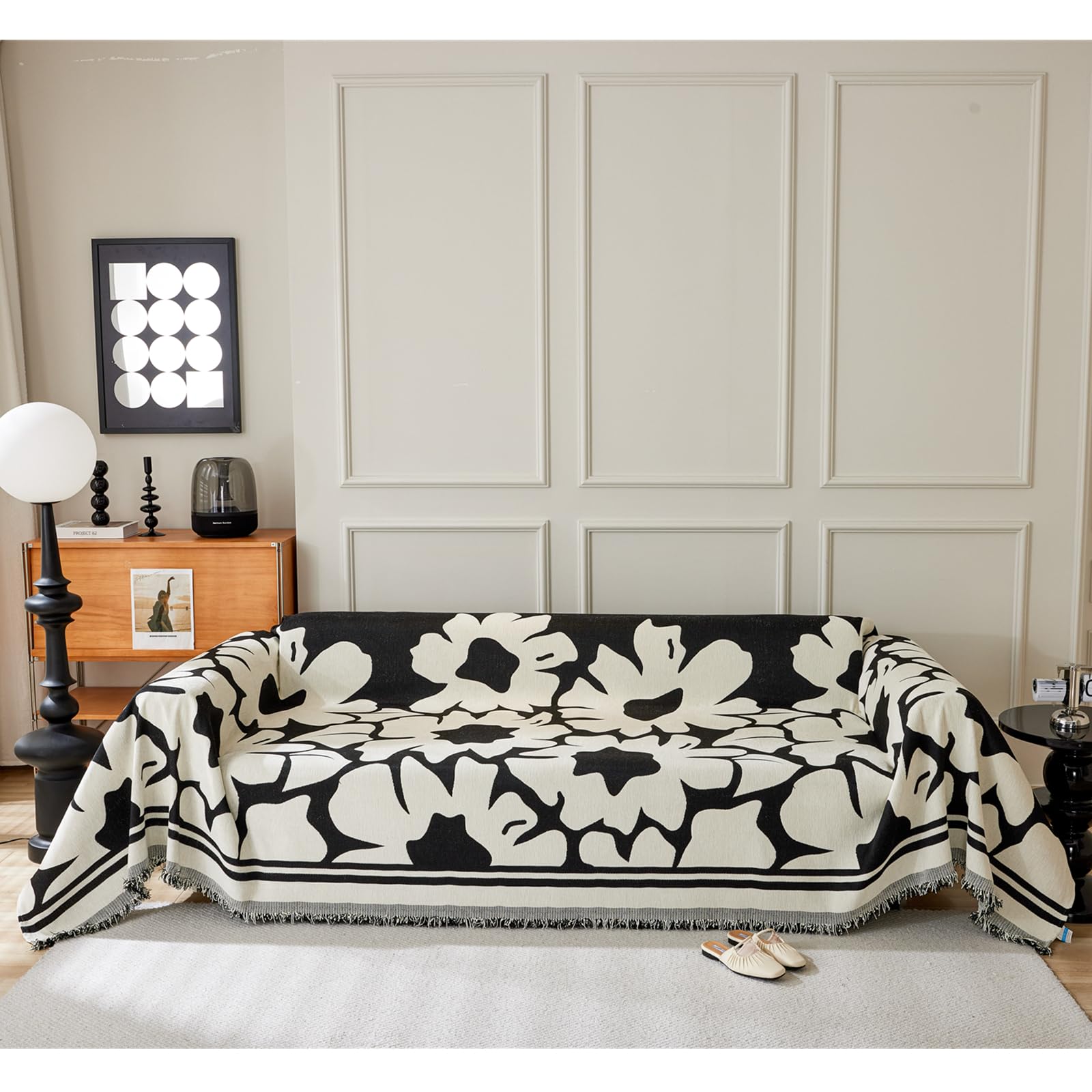 HNTYSM Nordic Floral Pattern Chenille Throws for Sofas Large, Soft Sofa Throws Sofa Cover 3 Seaters Assorted Size Sofa Protector Living Room Decoration Sofa Throw Blanket (180X260cm, black)
