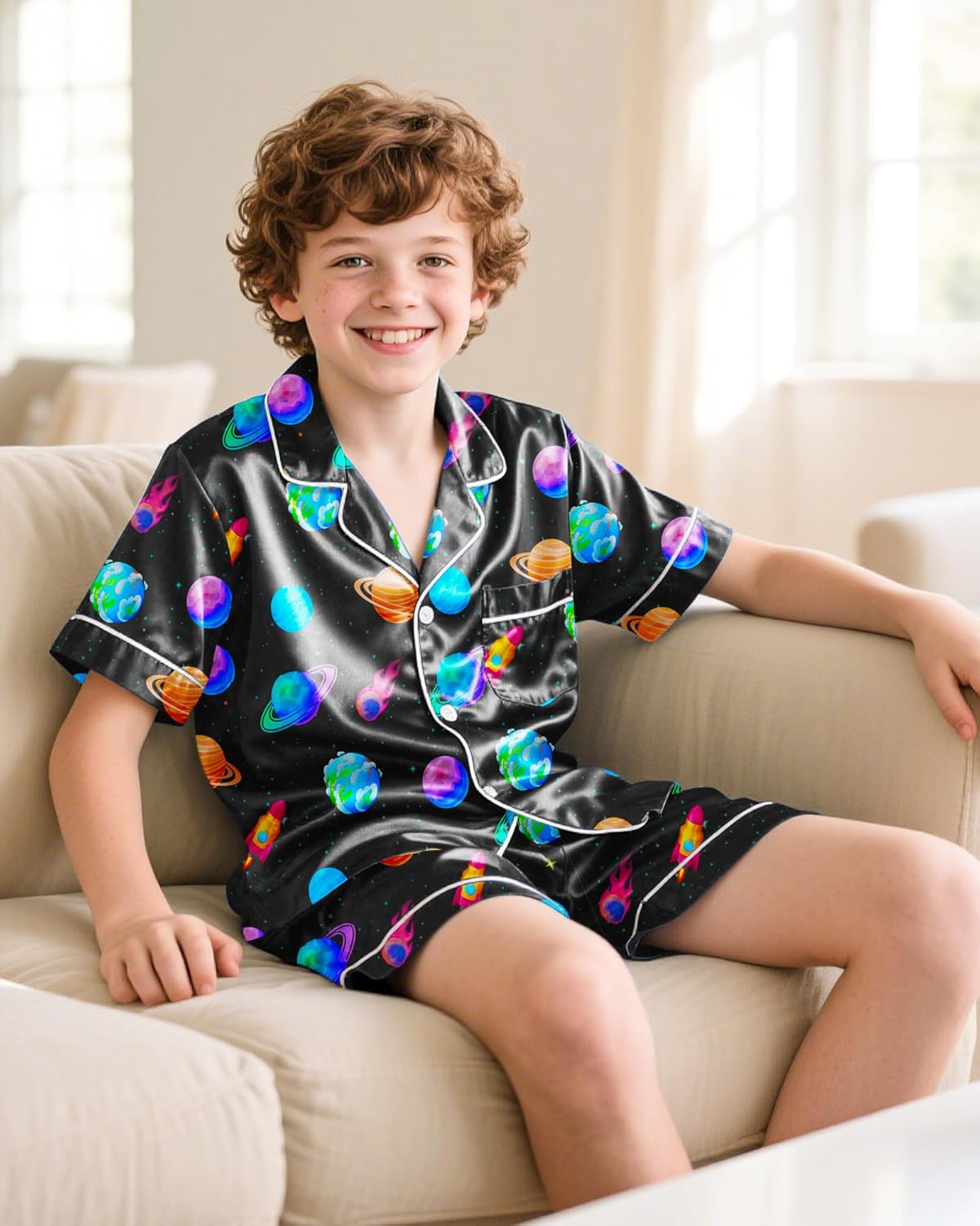 PASHOP Boys Pajamas Boys Satin Pajamas Set Summer Short Sleeve Button-Down & Shorts Pjs Kids Boy Silky Pajama Size 8-14 - Image 4