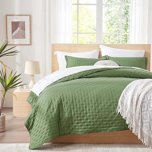 Miniatura 1 de Haglurom Juego de ropa de cama de 3 piezas, tamaño Queen, color verde oliva, colcha de microfibra suave y ligera, 90 x 98 pulgadas con 2 fundas de