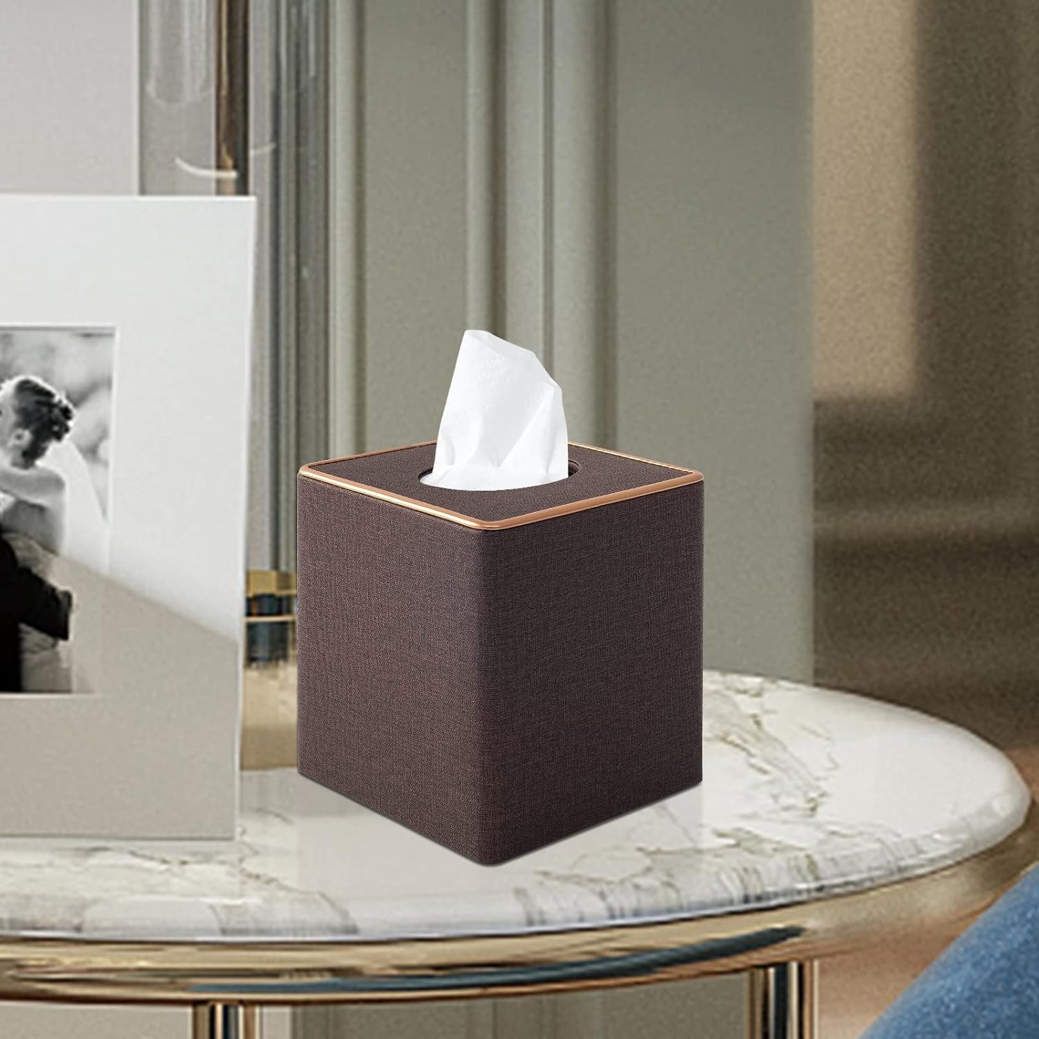Linen Square Tissue Box Cover,Cube Tissue Box Holder－Excellent Rosegold Leather Decoration,Table Napkin Case Dispenser,Facial Tissues Organizer with Magnetic Bottom for Home Office Car(Coffee) image 2