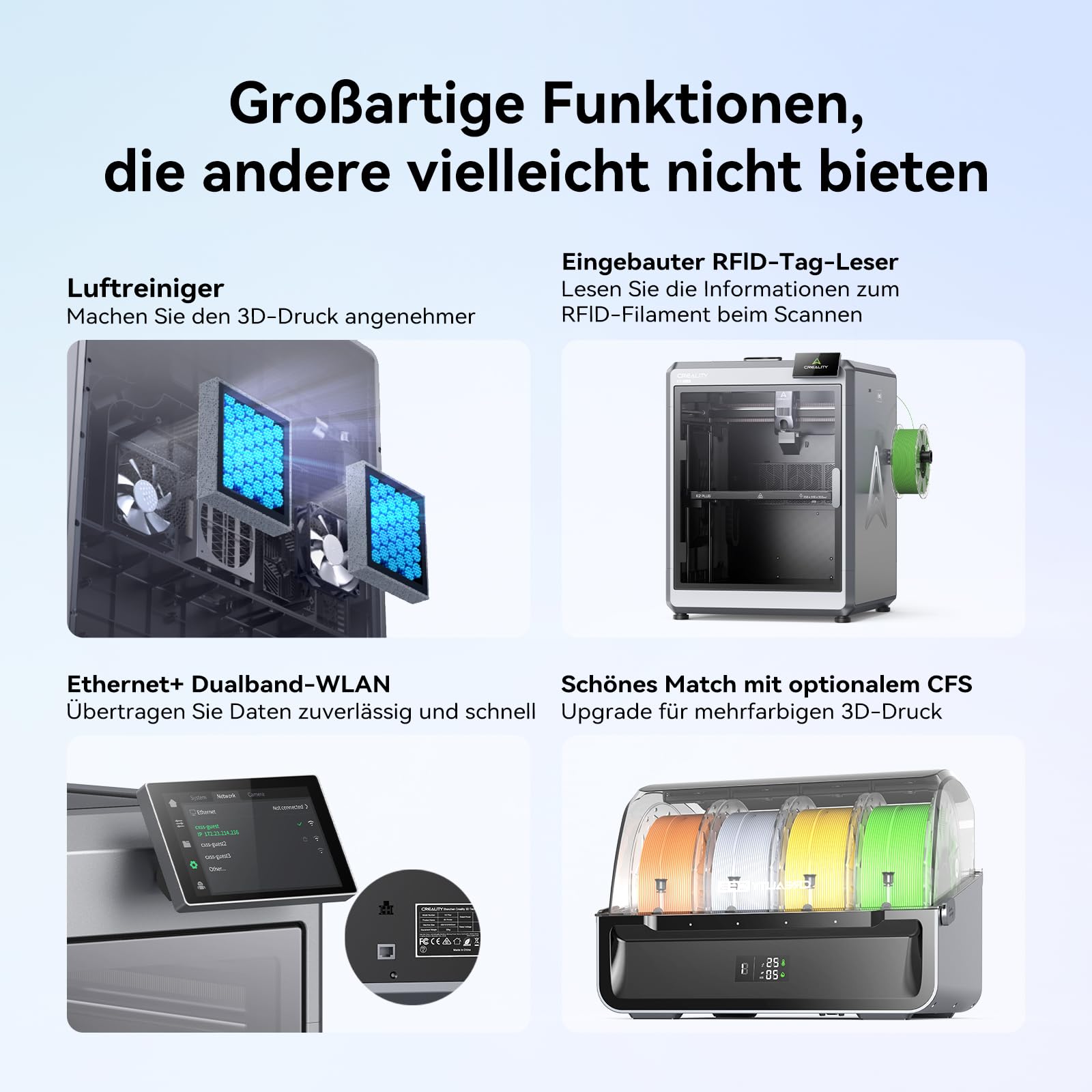 Creality K2 Plus Combo 3D Drucker, Mehrfarbig mit CFS, Großes Bauvolumen 350x350x350 mm, Geschwindigkeit 600 mm/s, Aktiv beheizte Kammer für PLA-CF PA PET ASA PPA