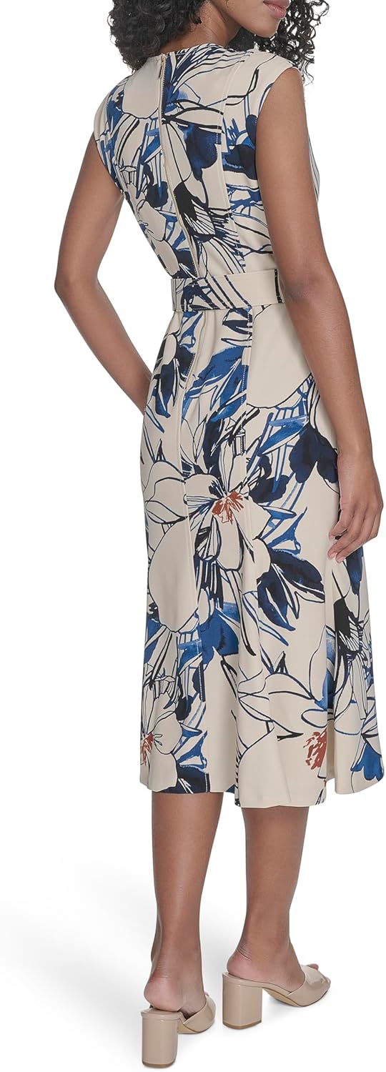 Calvin Klein Womens Sleeveless Belted A-line Flounce Midi Dress - Image 4