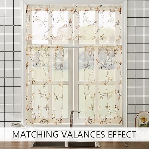 Vista 7 de MRTREES Sheer Tier Curtains, Floral Embroidered Cafe Curtains, Voile Flower Embroidery Kitchen Tiers Rod Pocket Small Half Window Curtain Treatment