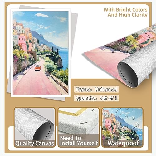 Miniatura 7 de Quark Arte de pared retro de la costa de Amalfi, pintura costera de Italia, pósteres de pintura rosa pastel, decoración estética de preparación,