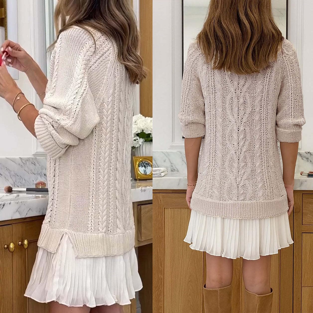Mini Abito in Maglia a trecce con Scollo Rotondo da Donna, Abito in Maglia a trecce con Scollo Rotondo Casual e Maniche Lunghe, Completo Autunnale da Donna