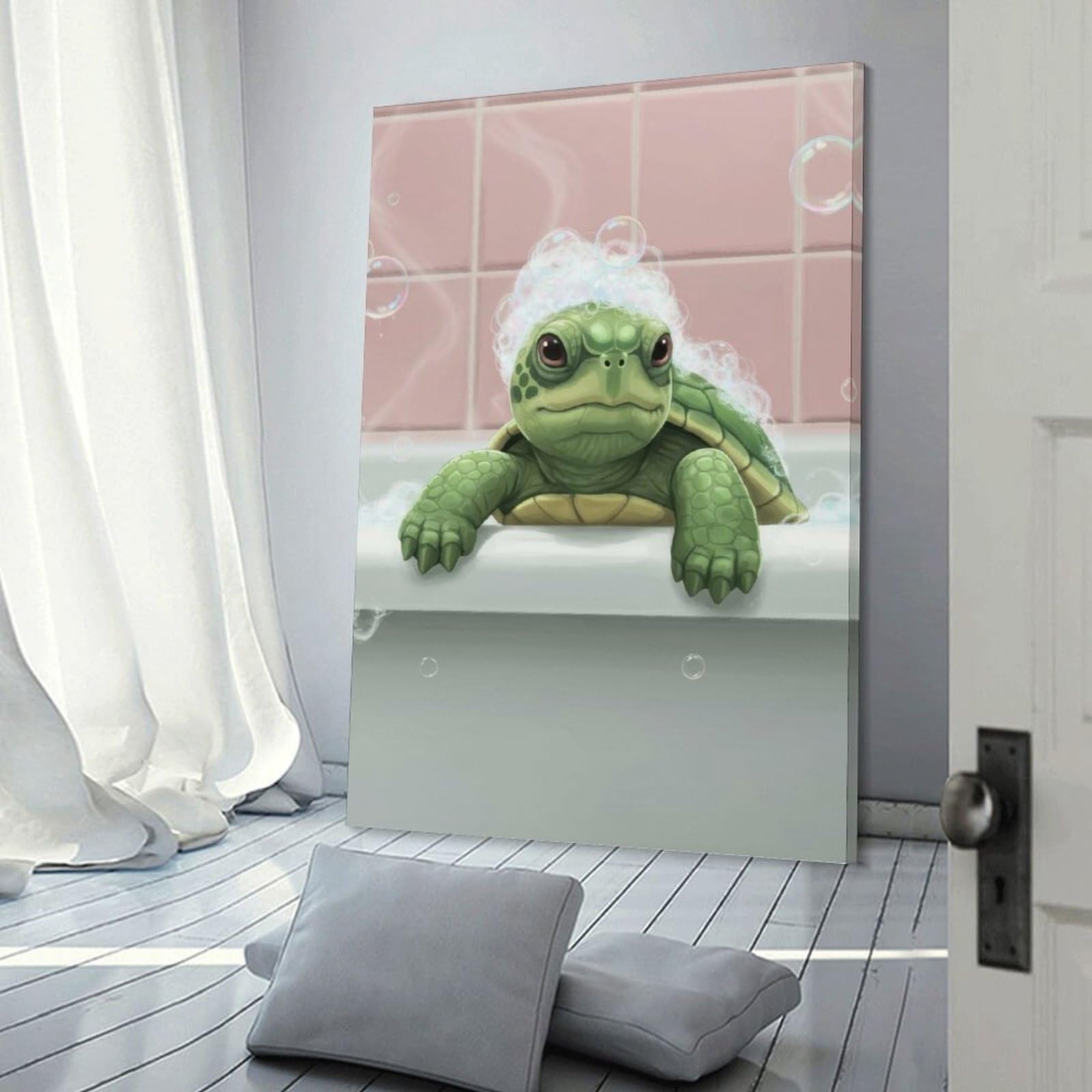 Junmoney Frame-Style-15 Turtle In Bathtub With Bubbles Canvas Wall Decor, 08X12inch(20X30cm), For Flats, Guest Rooms Or Compact Rooms, Decorative Canvas Decor For Home Updates