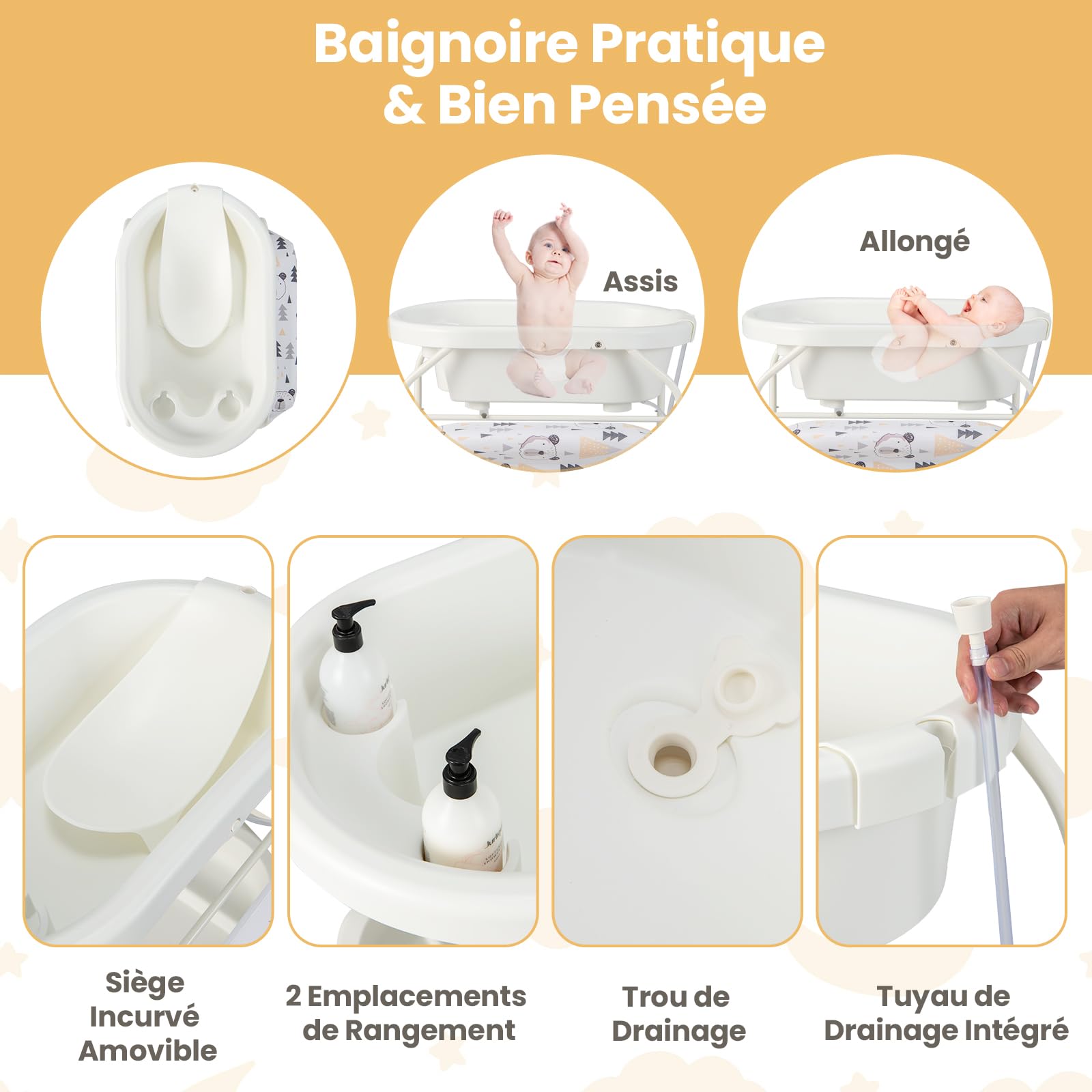 COSTWAY Table à Langer 2 en 1 avec Baignoire 20L Plateau de Rangement, Commode à Langer Pliable Couches Étanches Roue Universelle à Frein Charge 35KG, pour Bébé 0-12 Mois (Blanc)