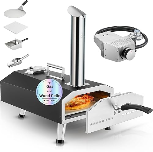 Horno de pizza para exteriores, horno de pizza portátil de 12 pulgadas de pellets de madera y gas, calienta hasta 1000 F, con manguera de gas y