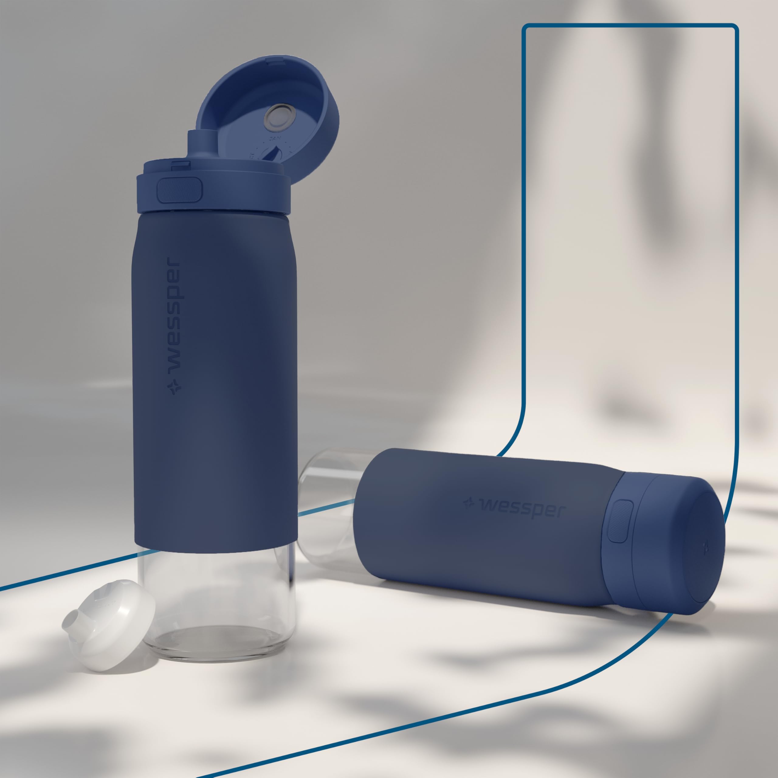 Wessper Borraccia Filtrante, 700 ml, Borraccia Vetro Borosilicato, Bottiglia con Filtro Actitex DISC, Contatore di Sostituzione del Filtro Integrato, Riduce il Cloro, BPA FREE - Blu