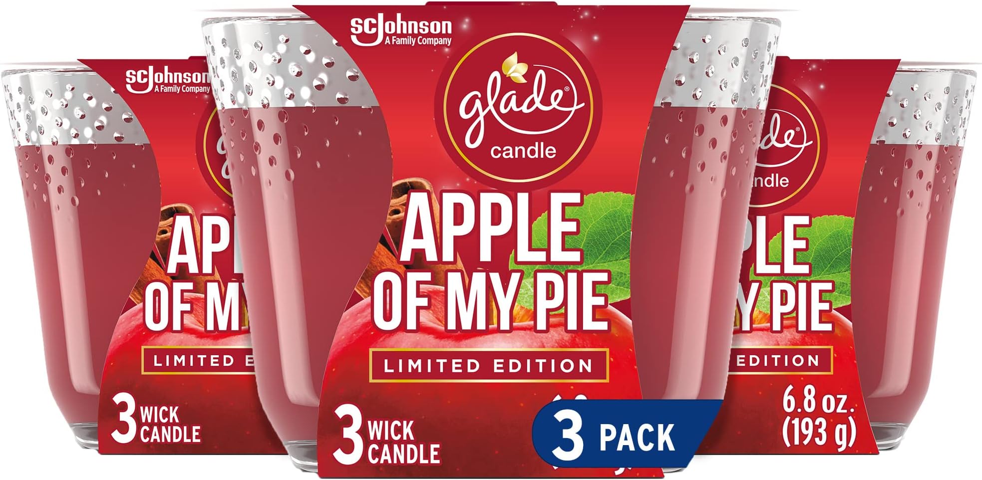 SC Johnson Glade Candle Apple of My Pie, Fragrance Candle Infused with Essential Oils, Air Freshener Candle, 3-Wick Candle, 6.8oz, 3 Count