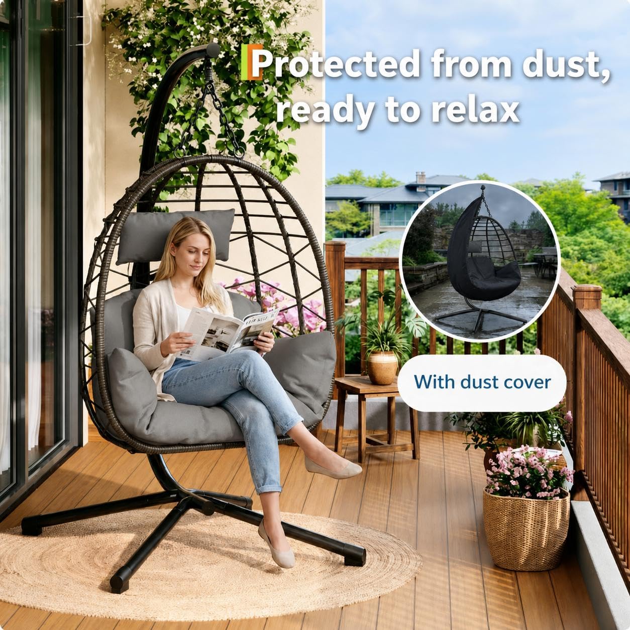 Hängesessel mit Gestell Outdoor bis 150 kg belastbar, Rattan Hängesessel mit Metallgestell & Kissen, Hängesitz für Garten, Terrasse & Balkon, Indoor & Outdoor nutzbar - Grau