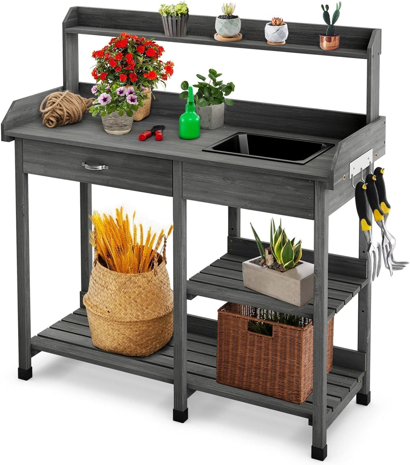 | Stands|, Garden Potting Bench Workstation Table with Sliding Tabletop Sink Shelves