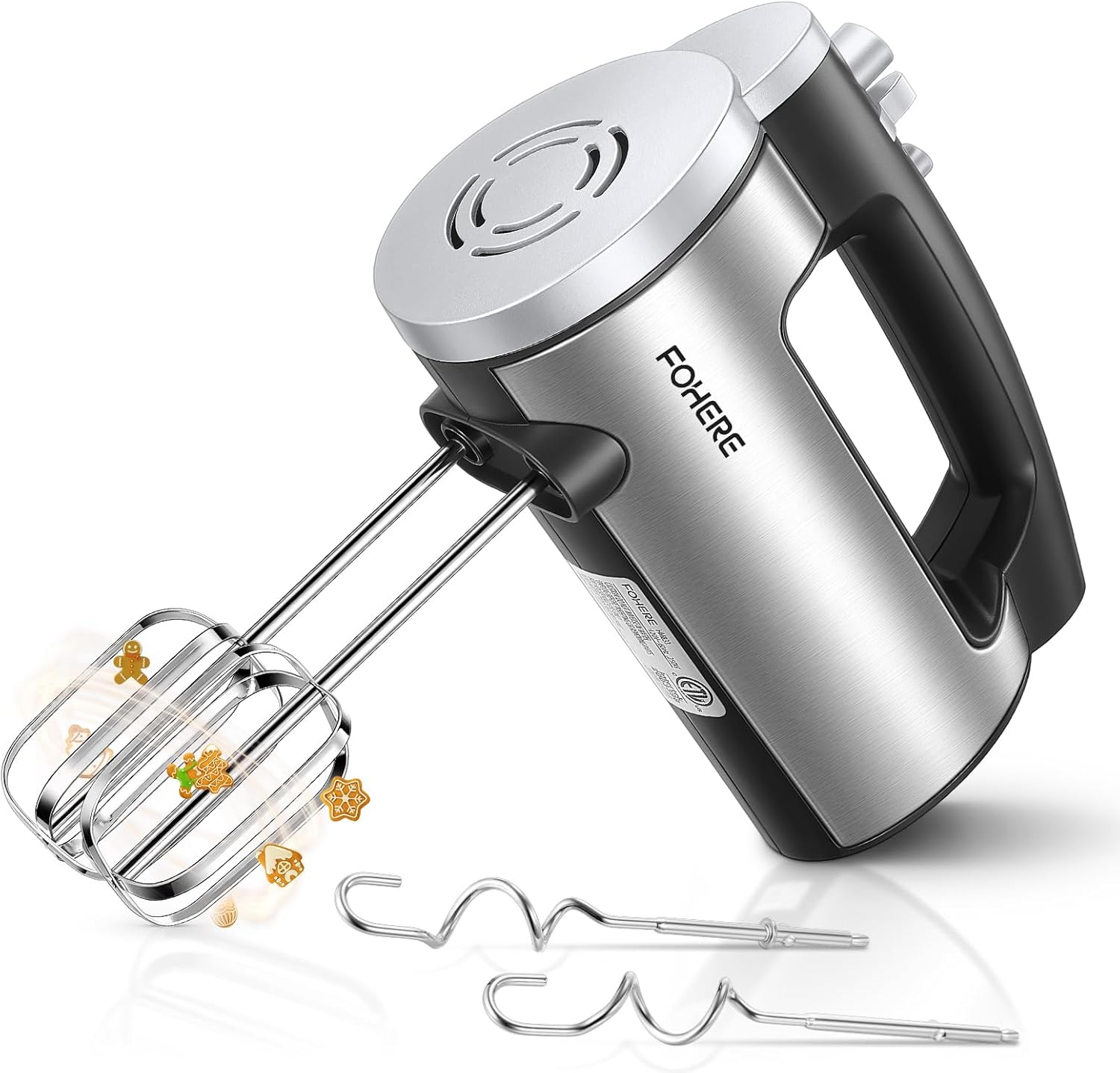 Hand Mixer Electric Handheld, 6 Speed & Turbo Electric Mixer, 300W Handheld Mixer with 2 Stainless Steel Whisk and 2 Dough Hook for Whipping, Mixing Cookies, Brownie, Cakes, Dough Batters, Silver