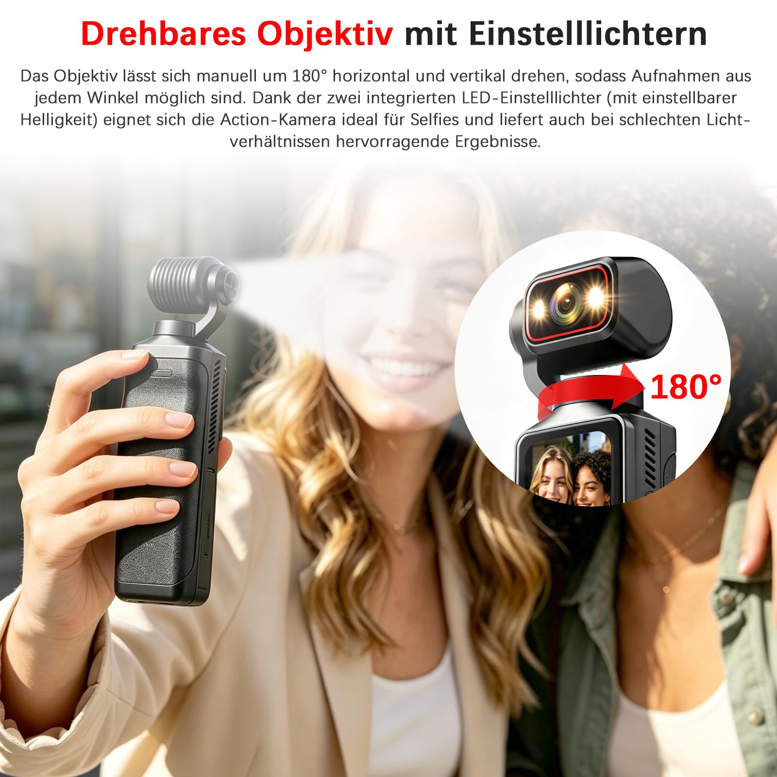 4K Mini Vlogging Camera Action Cam, Mini Pocket Vlog Kamera Live Übertragung Handy mit 32GB SD Karte, Tragbar Bildstabilisator Aktion Kamera mit Touchscreen und Langer Akkulaufzeit