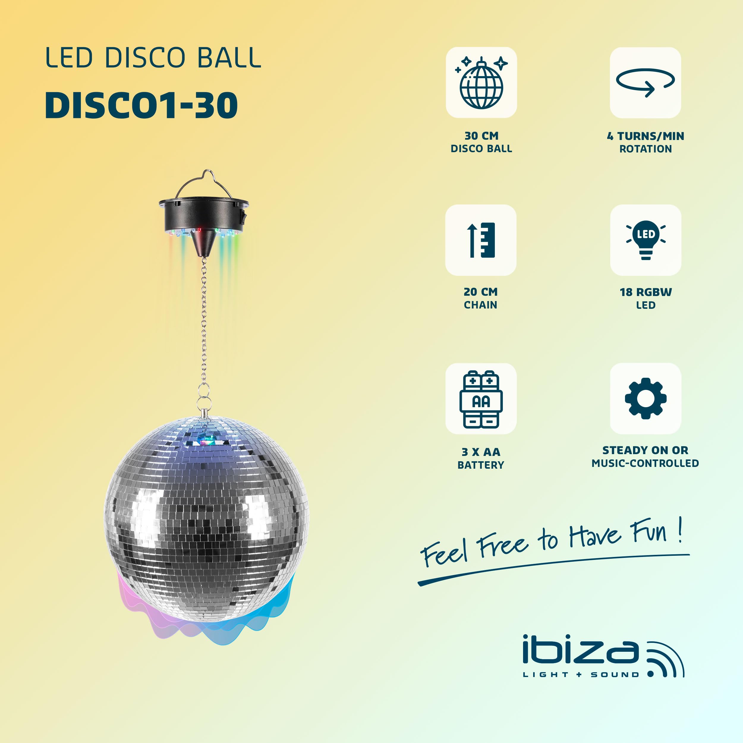 Ibiza DISCO1-30 Ensemble de Boule à facettes + Moteur à piles Argenté
