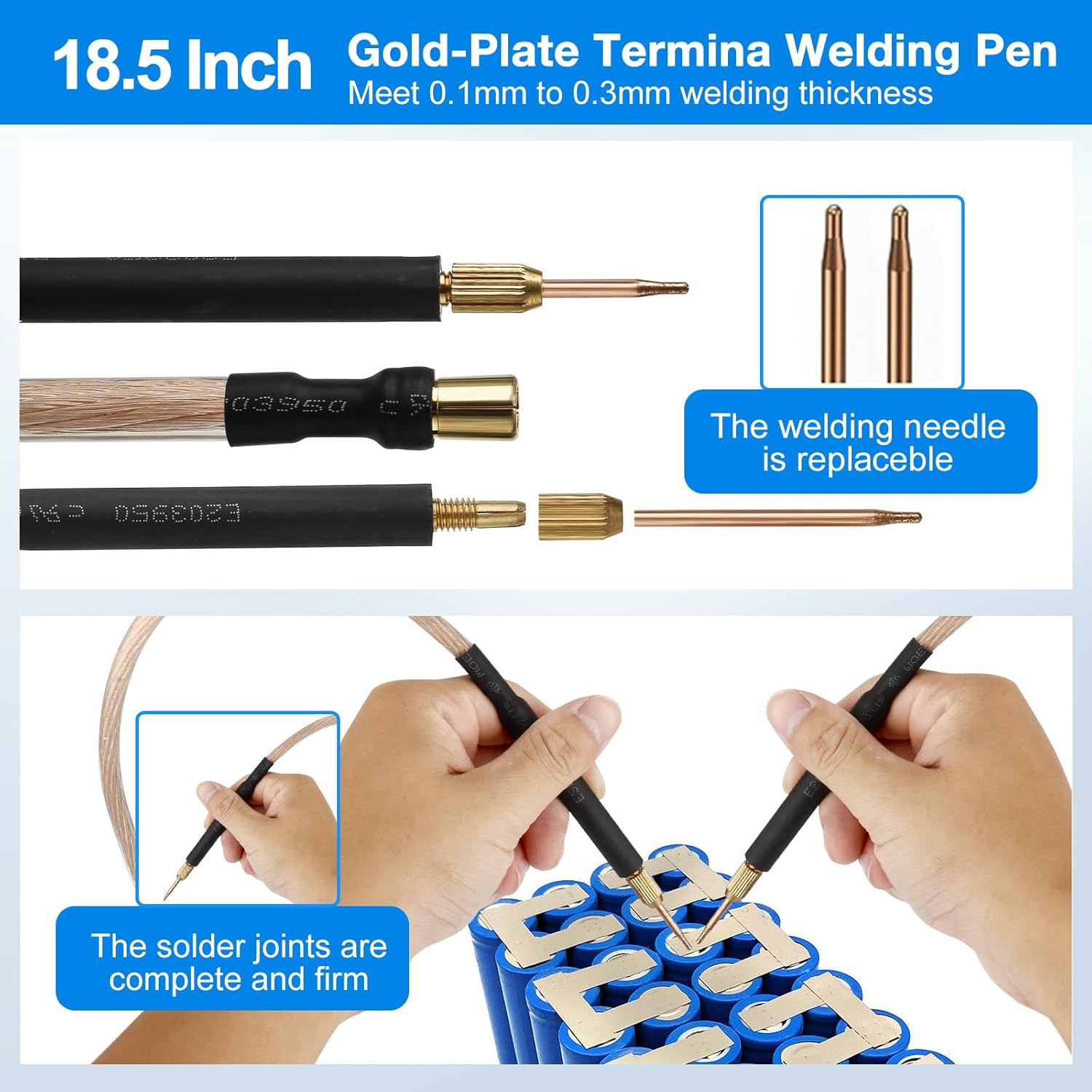An 18.5-inch gold-plate terminal welding pen is shown with its features and how to use it.
