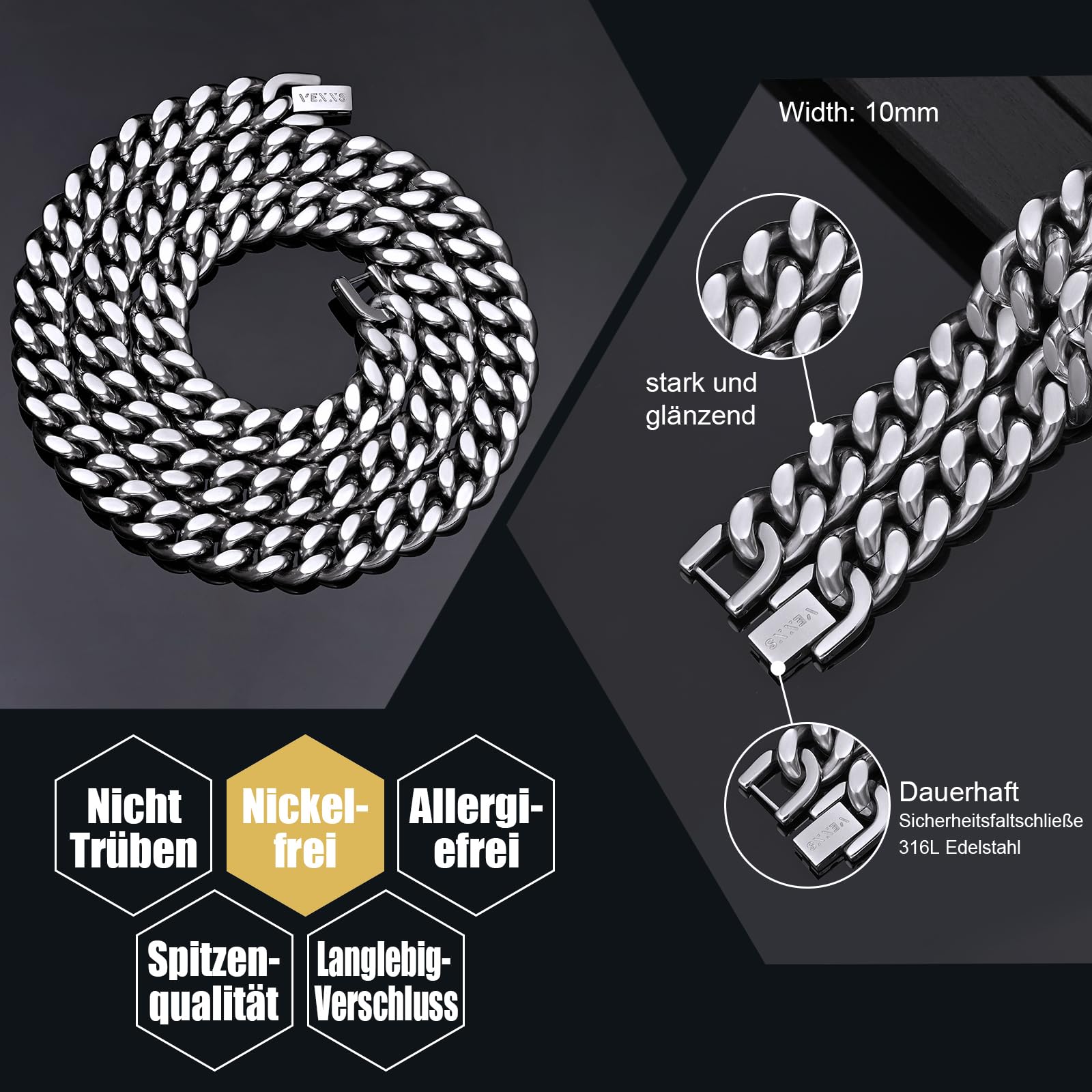 VEXXS Panzerkette Herren 10/12mm,18 Karat Vergoldet Edelstahl cuban chain, Flache Kubanische halskette Herren Kette,Goldkette für Herren Männer Jungen, Herren Schmuck Geschenk,46-66cm