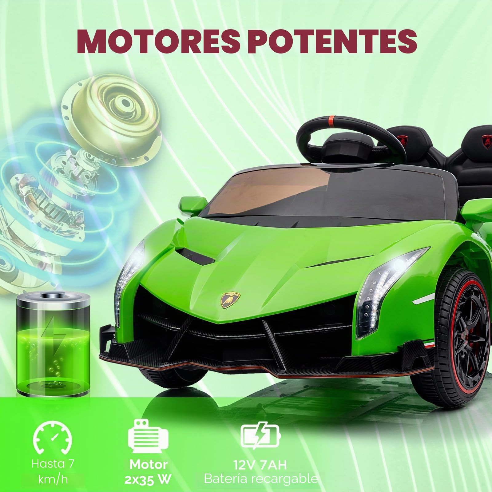 GarveeHome Coche eléctrico Infantil Lamborghini 12V con Licencia - Puertas Tipo Tijera - Mando a Distancia Parental - Luces LED - Asiento Amplio - Música MP3/inalámbrico - para niños 3-8 años - Verde