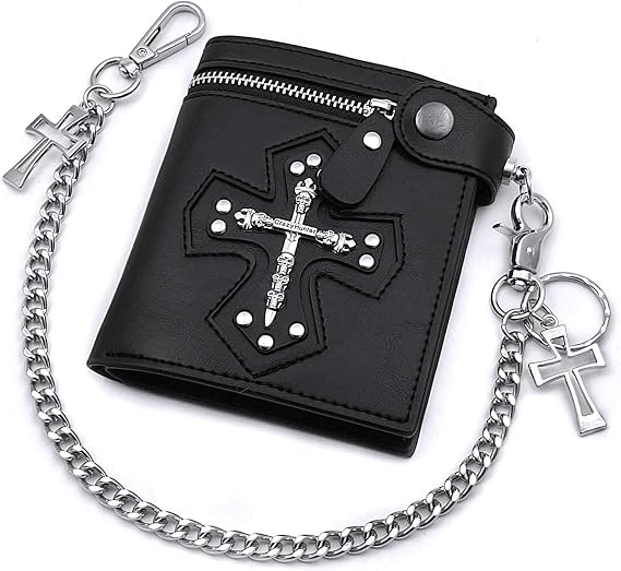 vogueteen Mens Gothic Cross Clasp Black Leather Wallet with Anti-Theft Biker Chain Man Zipper Purse