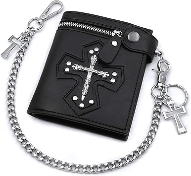 vogueteen Mens Gothic Cross Clasp Black Leather Wallet with Anti-Theft Biker Chain Man Zipper Purse