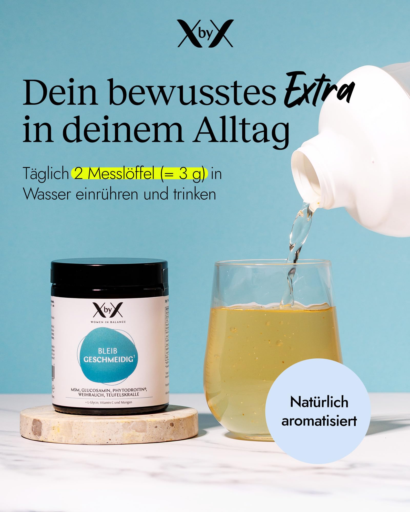 XbyX Bleib Geschmeidig 90 g - 30 Portionen - Gelenke-Komplex mit Vitamin C für Frauen - Plus Glucosamin, MSM, Kurkuma, Weihrauch - Aus Deutschland