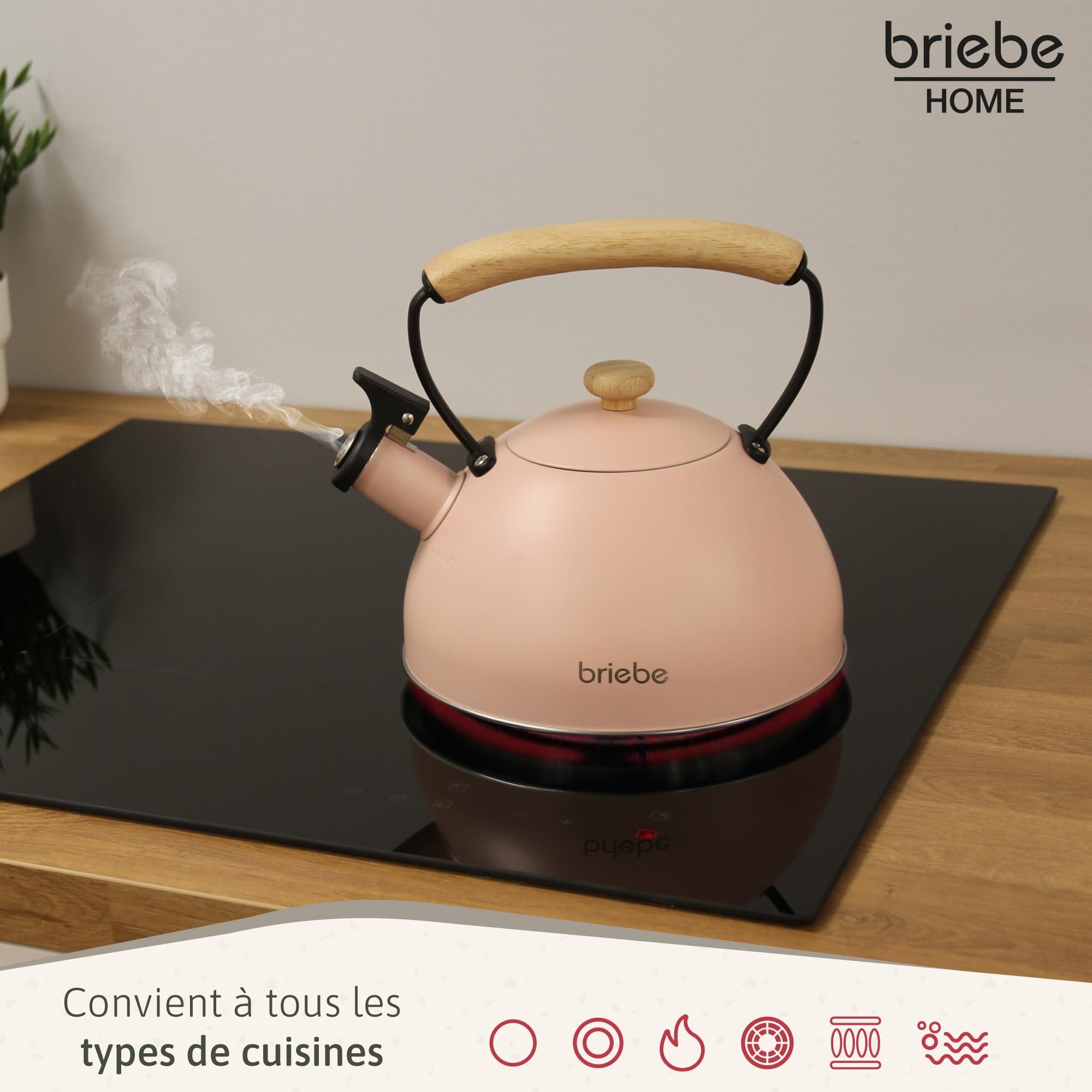 briebe Retro Bouilloire Induction Sifflante 2,3L, Acier Inoxydable, Tout Feux: Plaque Vitrocéramique, Gaz, Électrique, Poignée en Bois Cool Touch, Vintage, Pour Thé, Café, Tea Pot, Rose