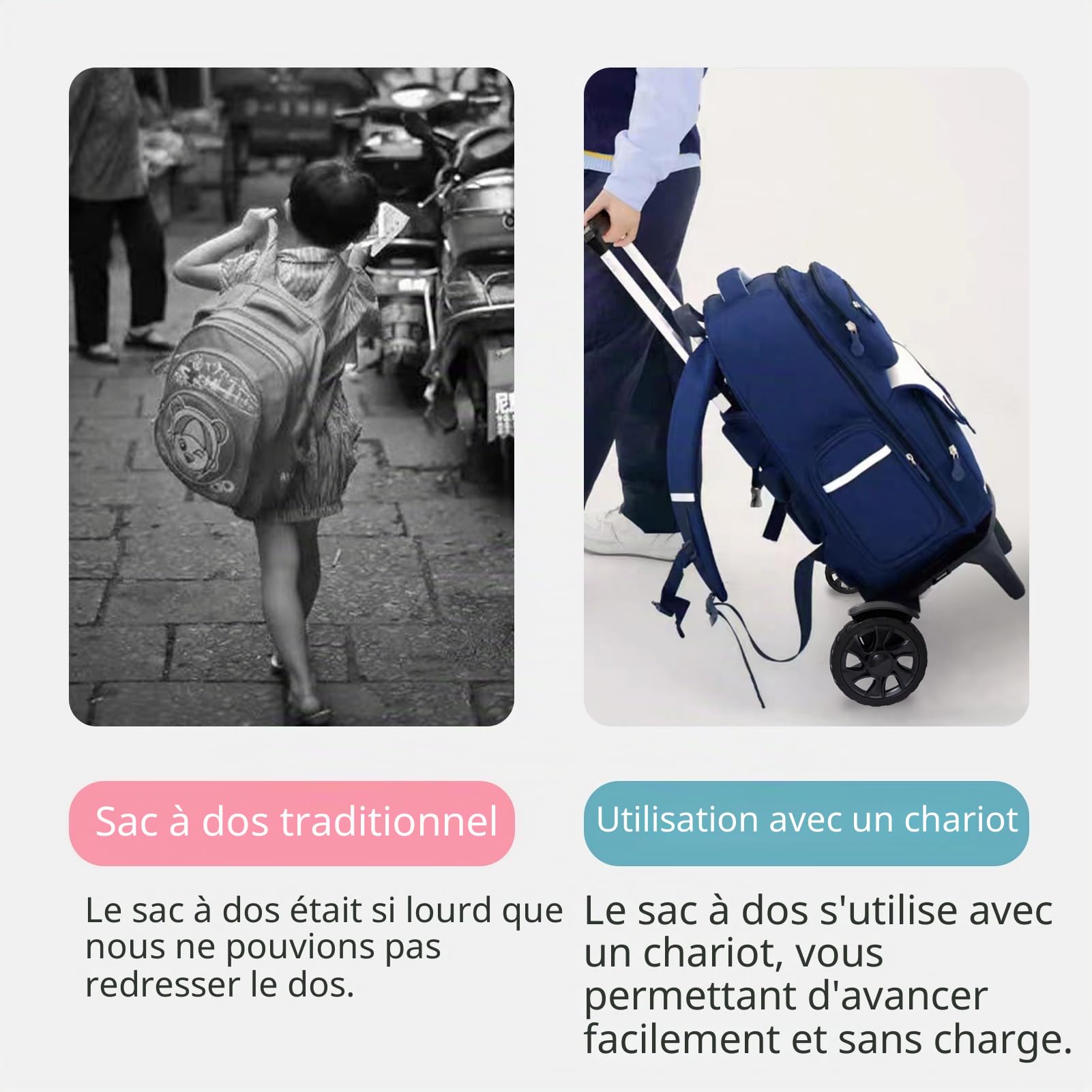 Chariot à dos pliable en alliage d'aluminium avec 2 grandes roues de réservoir, chariot à main pliable avec sangles à bagages pour sacs, sacs à déjeuner, sacs de golf, adolescents, adultes, école